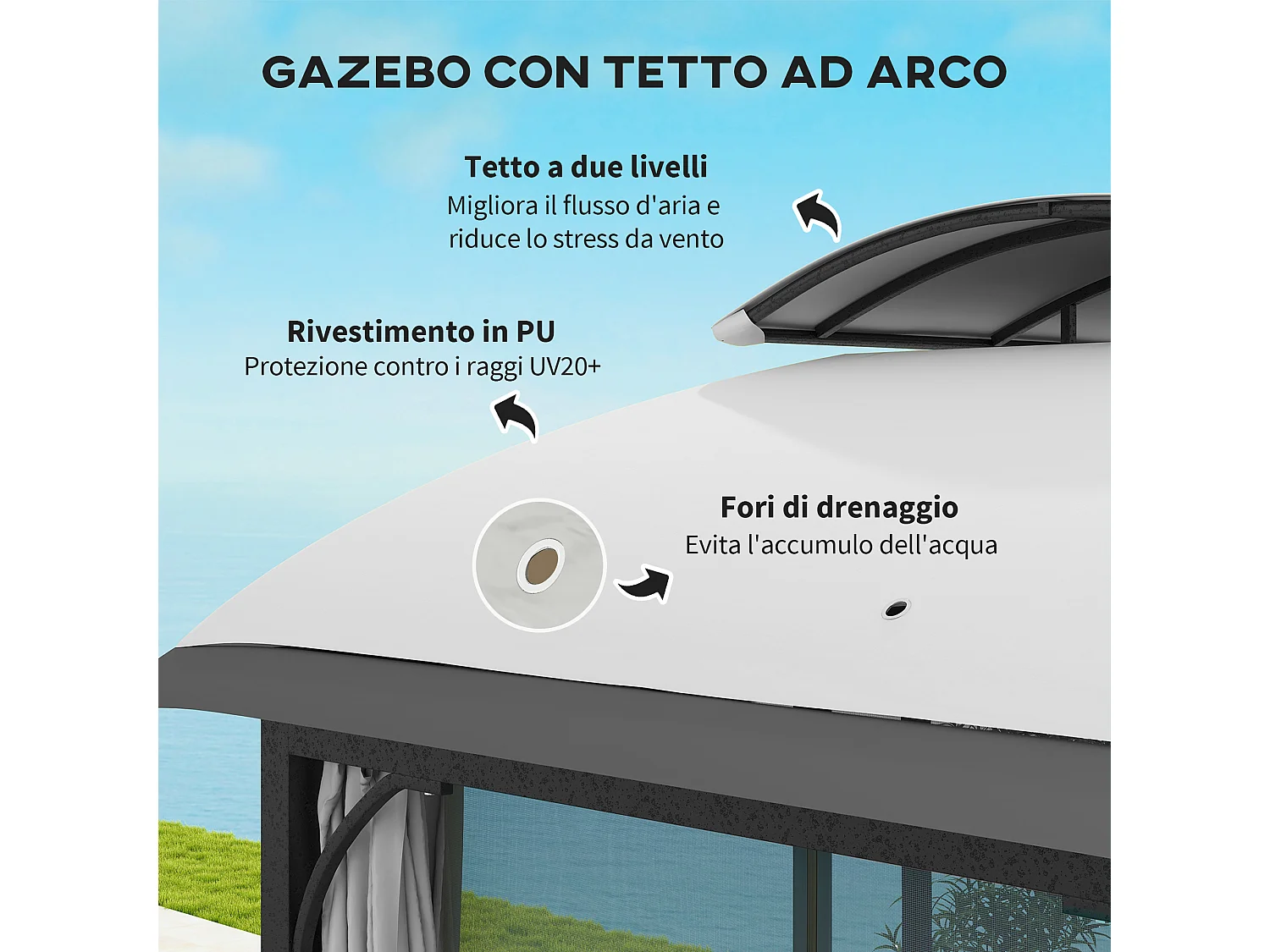 Gazebo da giardino 4x3 m con zanzariere e doppio tetto grigio chiaro