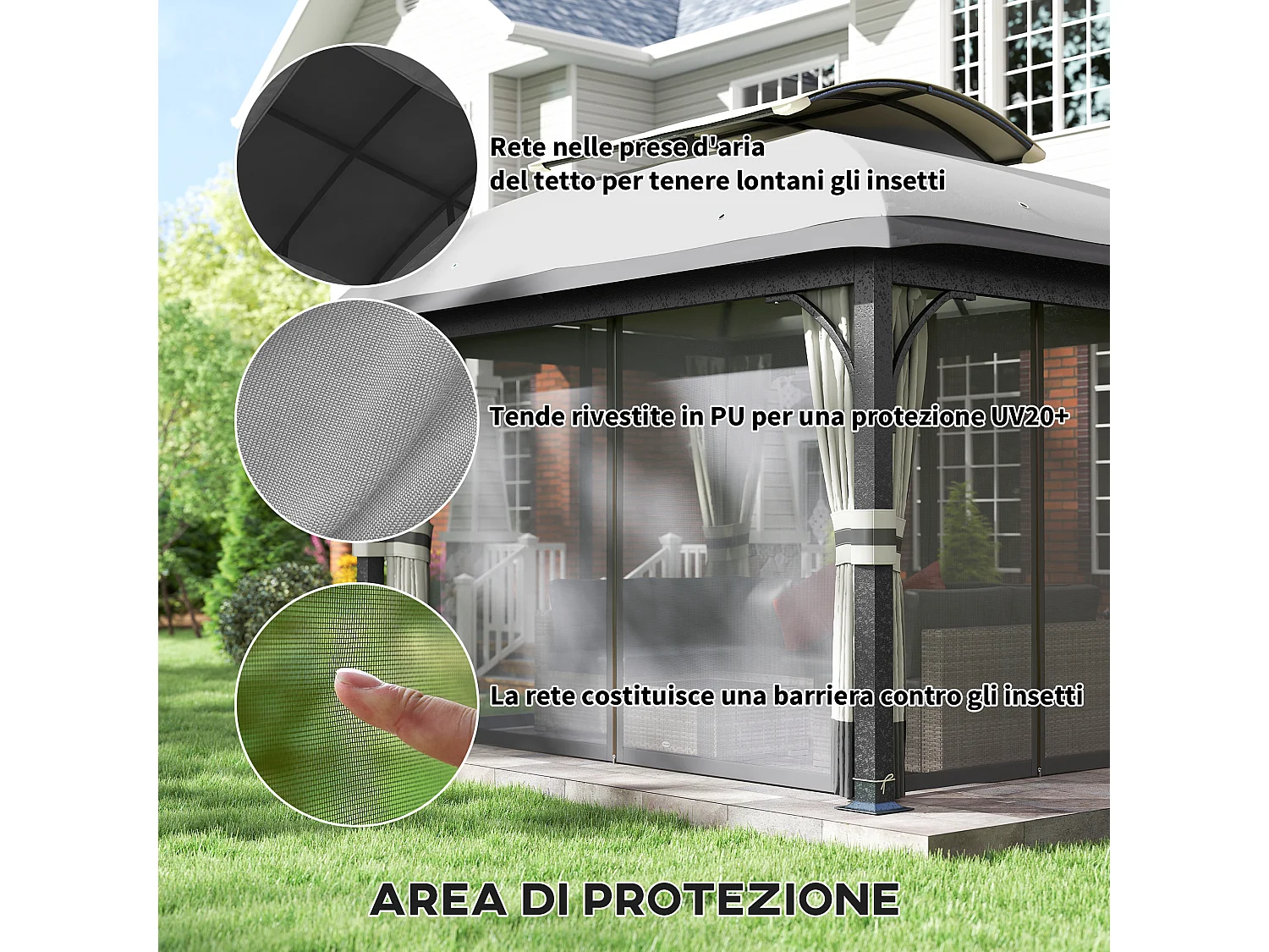 Gazebo da giardino 4x3 m con zanzariere e doppio tetto grigio chiaro