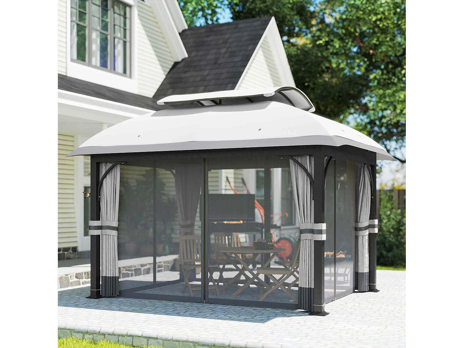 Gazebo da giardino 4x3 m con zanzariere e doppio tetto grigio chiaro