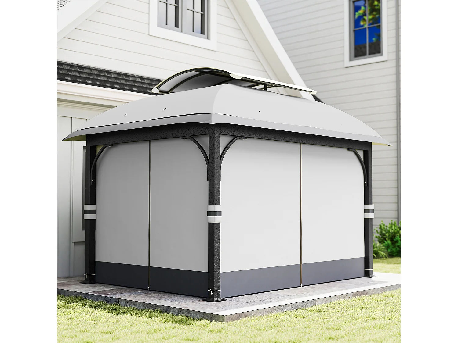 Gazebo da giardino 4x3 m con zanzariere e doppio tetto grigio chiaro