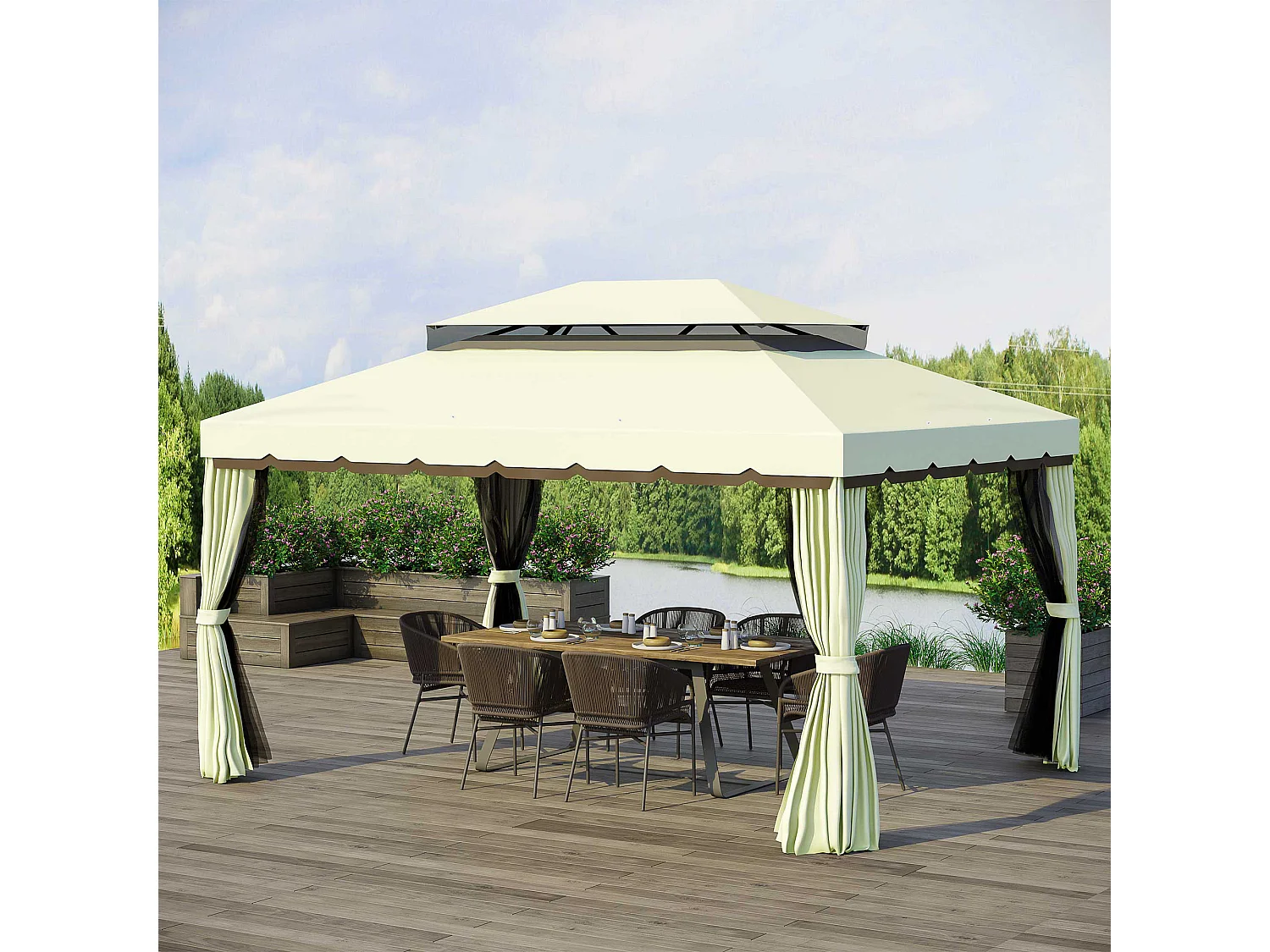Gazebo da giardino 4x3 m con zanzariera e tende anti uv crema