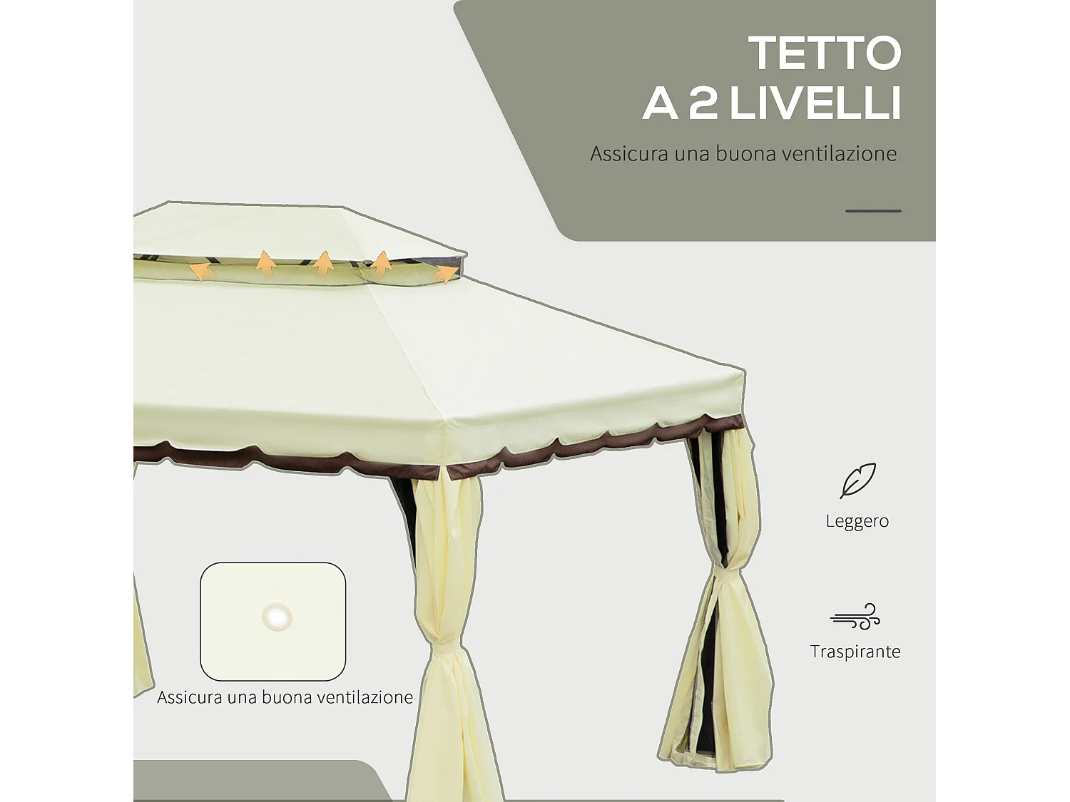 Gazebo da giardino 4x3 m con zanzariera e tende anti uv crema