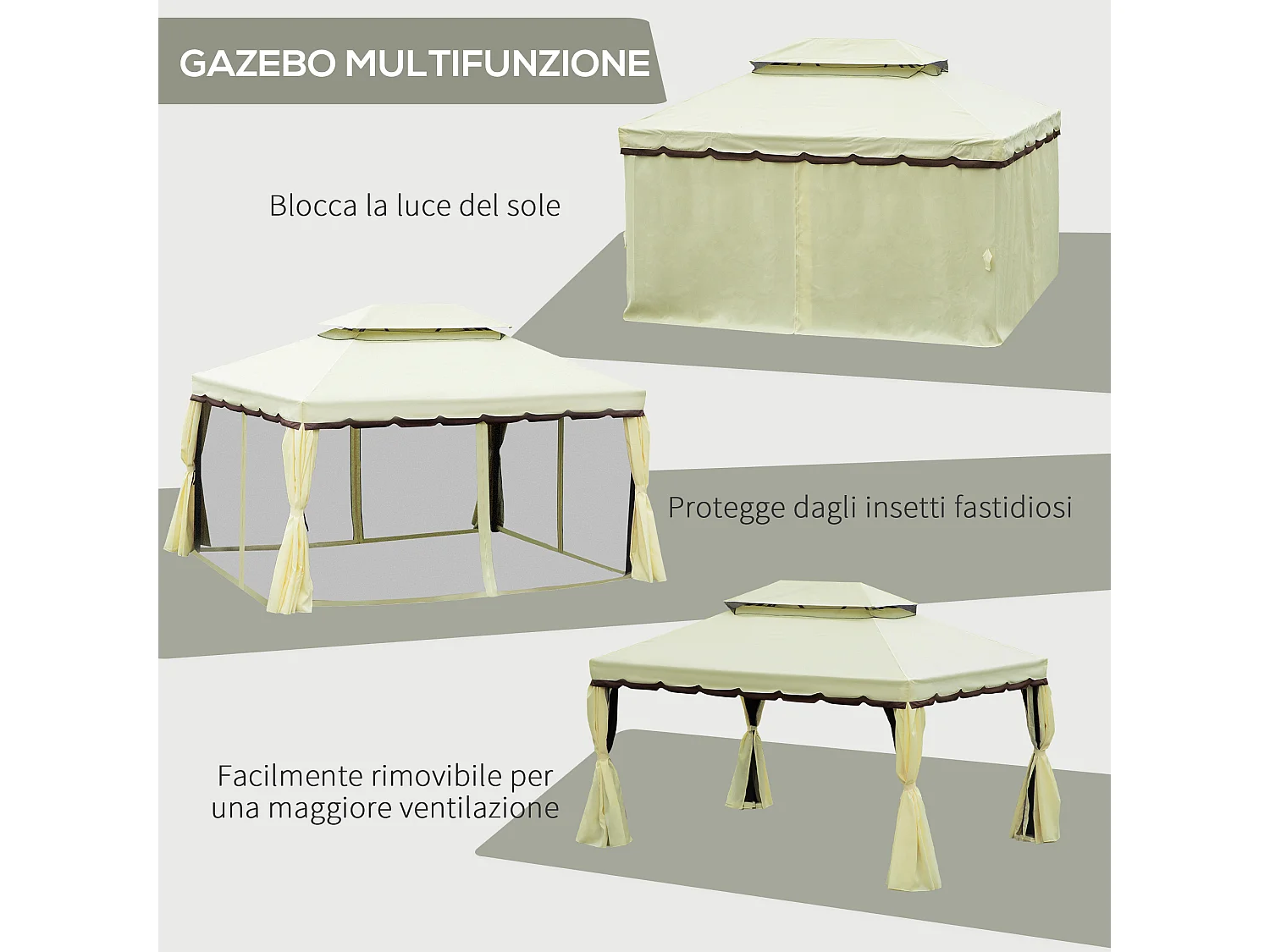 Gazebo da giardino 4x3 m con zanzariera e tende anti uv crema