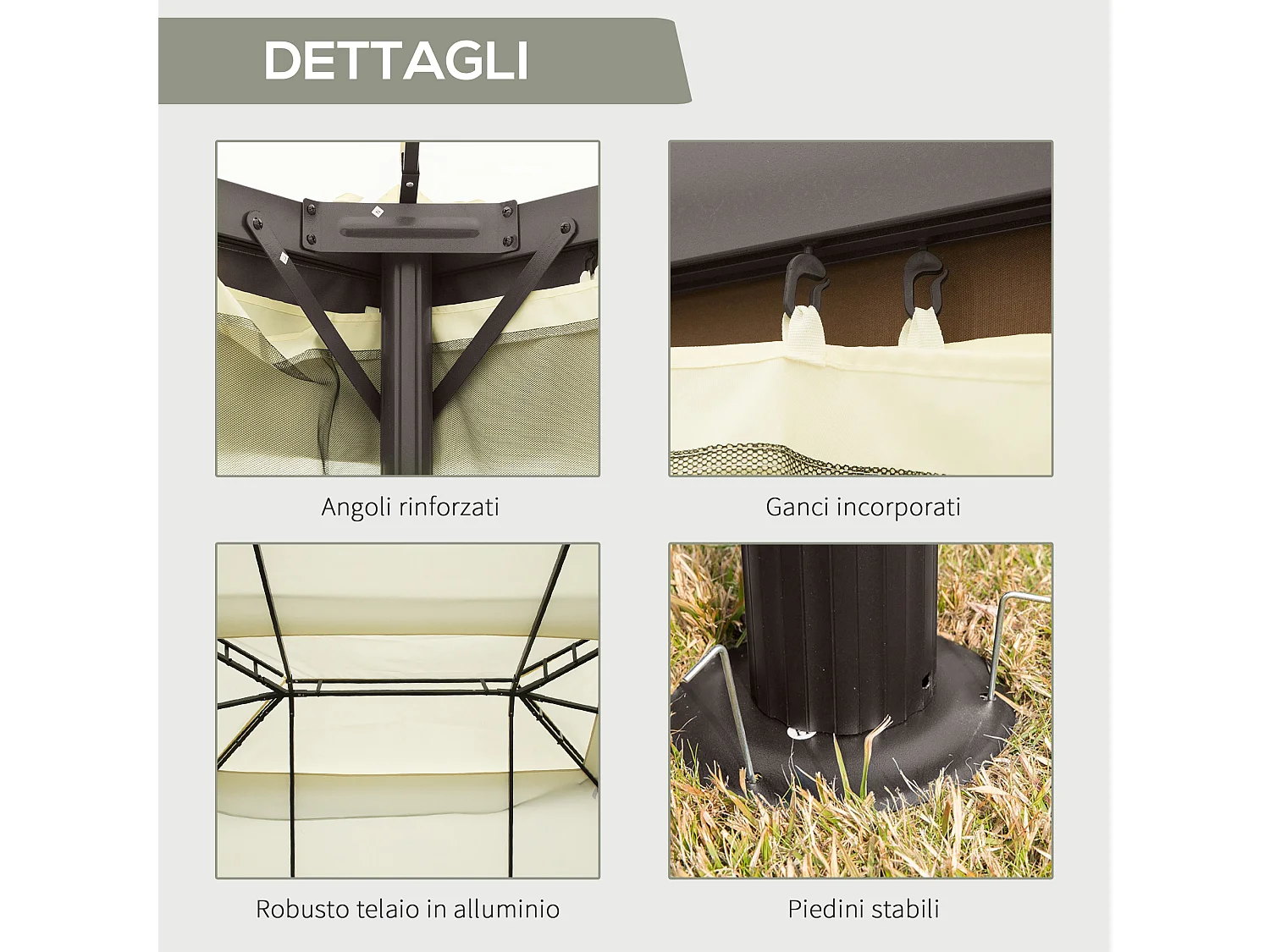 Gazebo da giardino 4x3 m con zanzariera e tende anti uv crema