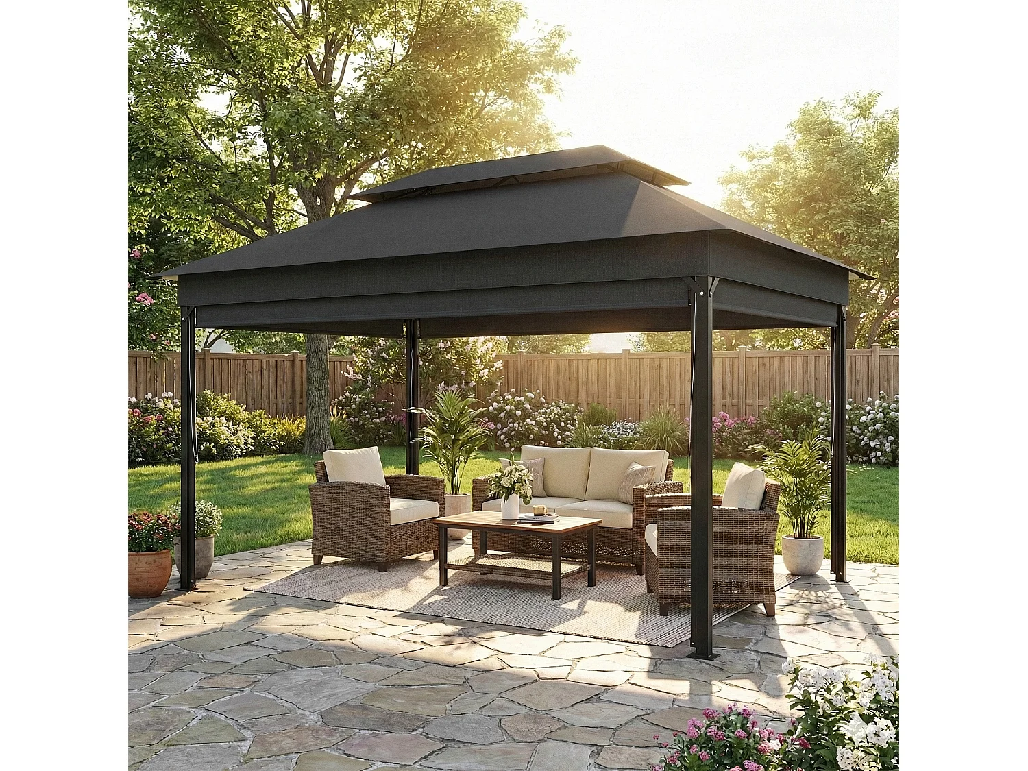 Gazebo da giardino 4x3 m con doppio tetto e tende grigio scuro