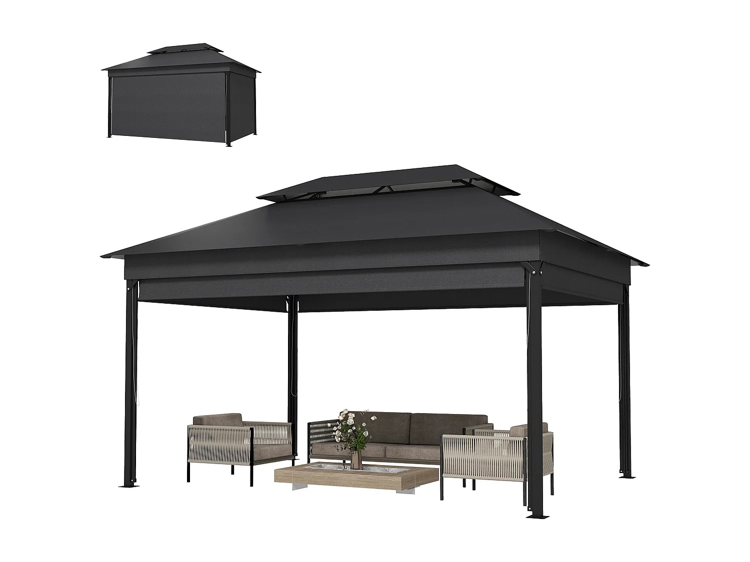 Gazebo da giardino 4x3 m con doppio tetto e tende grigio scuro