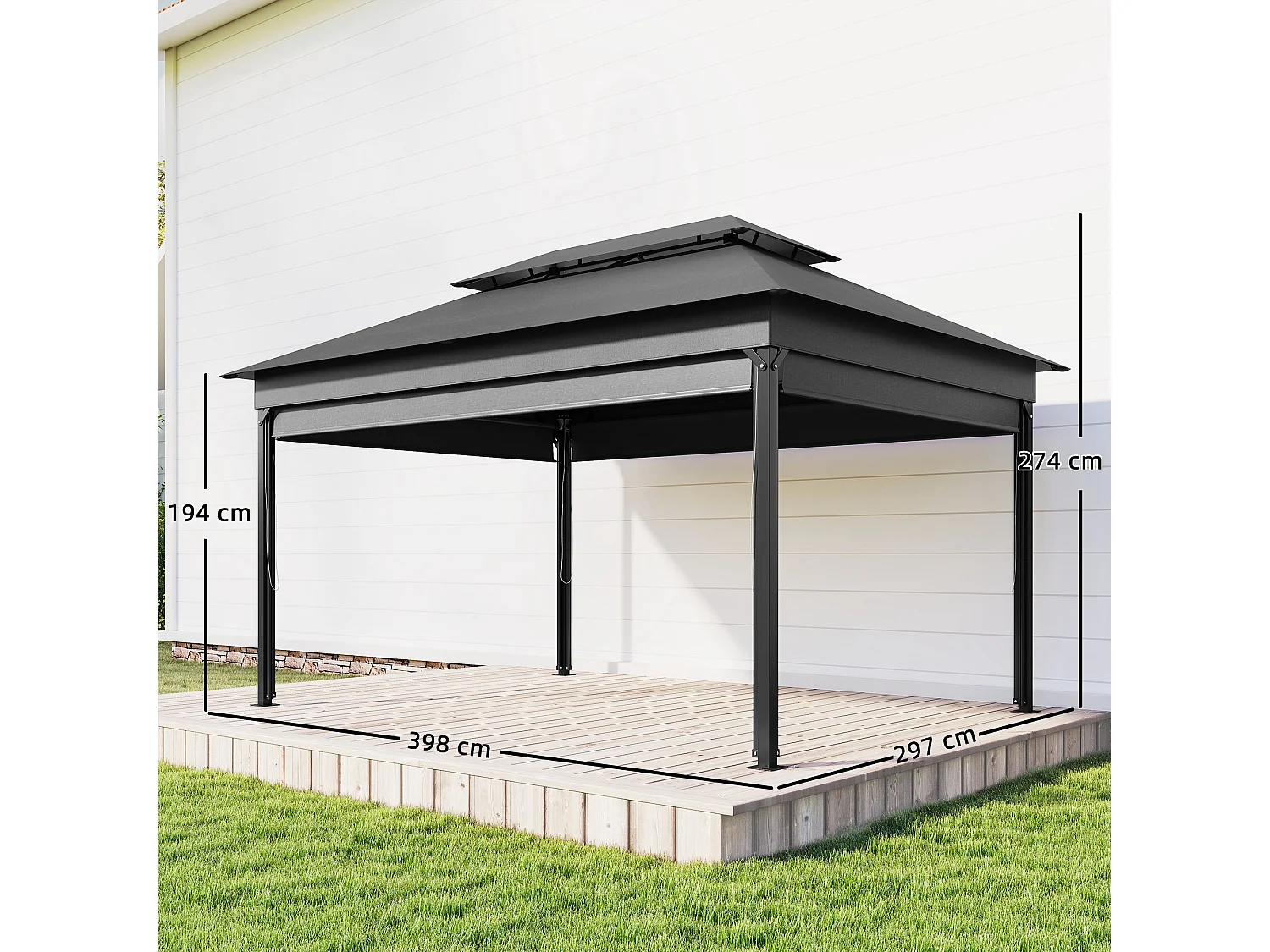 Gazebo da giardino 4x3 m con doppio tetto e tende grigio scuro