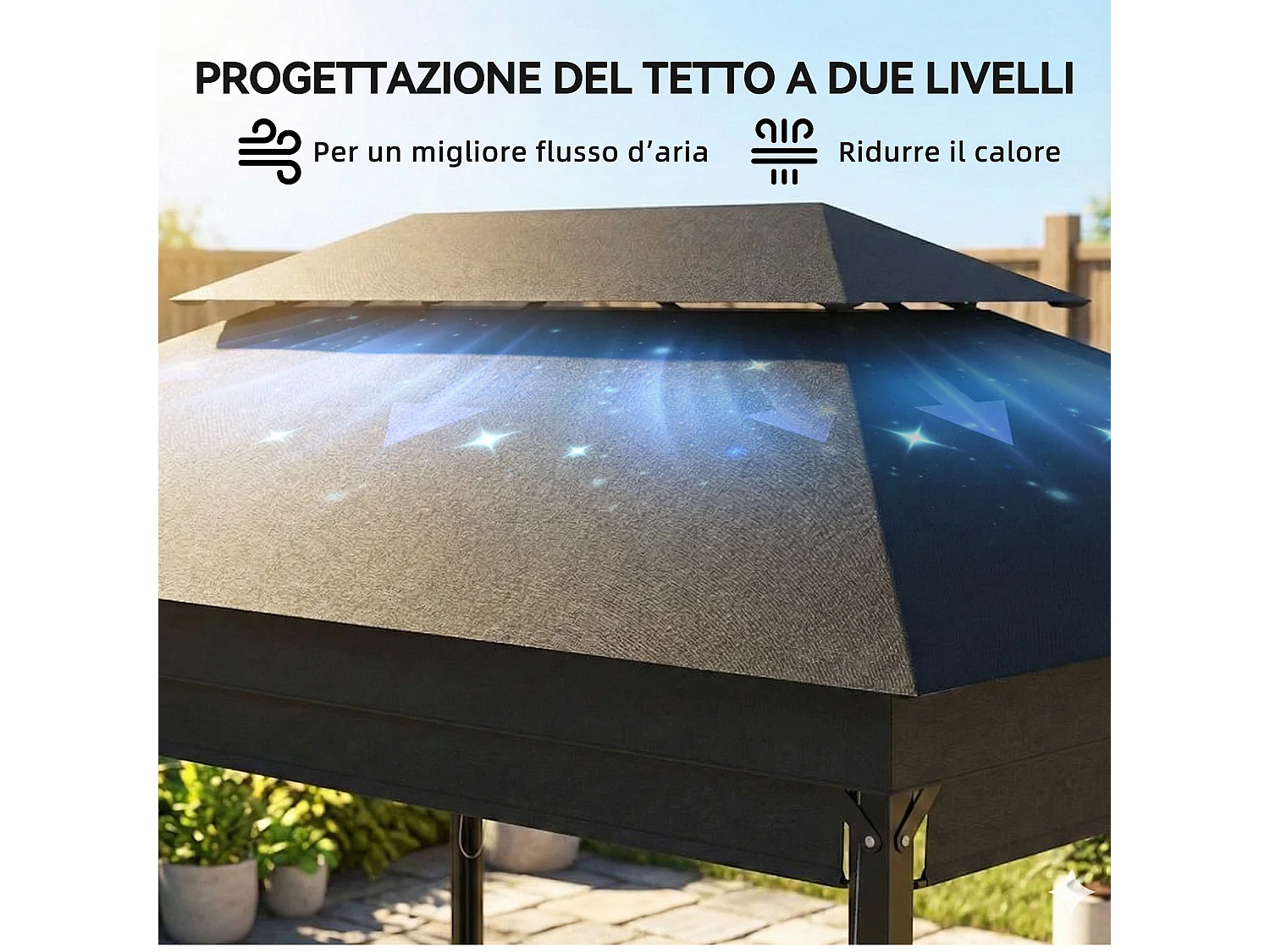 Gazebo da giardino 4x3 m con doppio tetto e tende grigio scuro