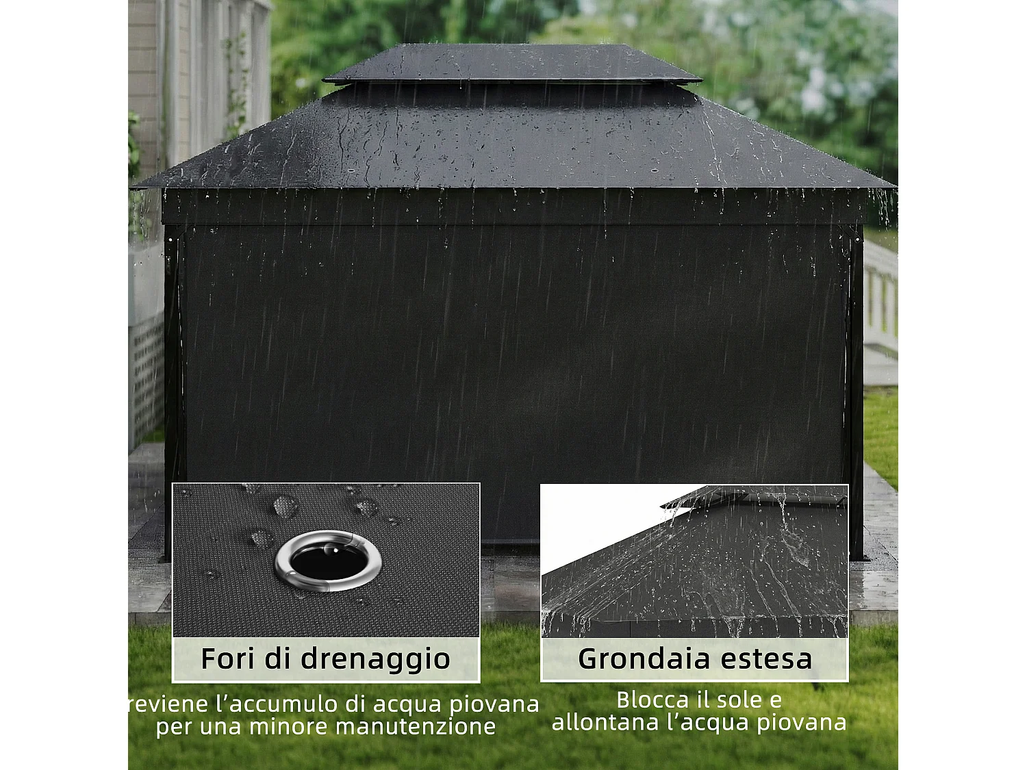 Gazebo da giardino 4x3 m con doppio tetto e tende grigio scuro