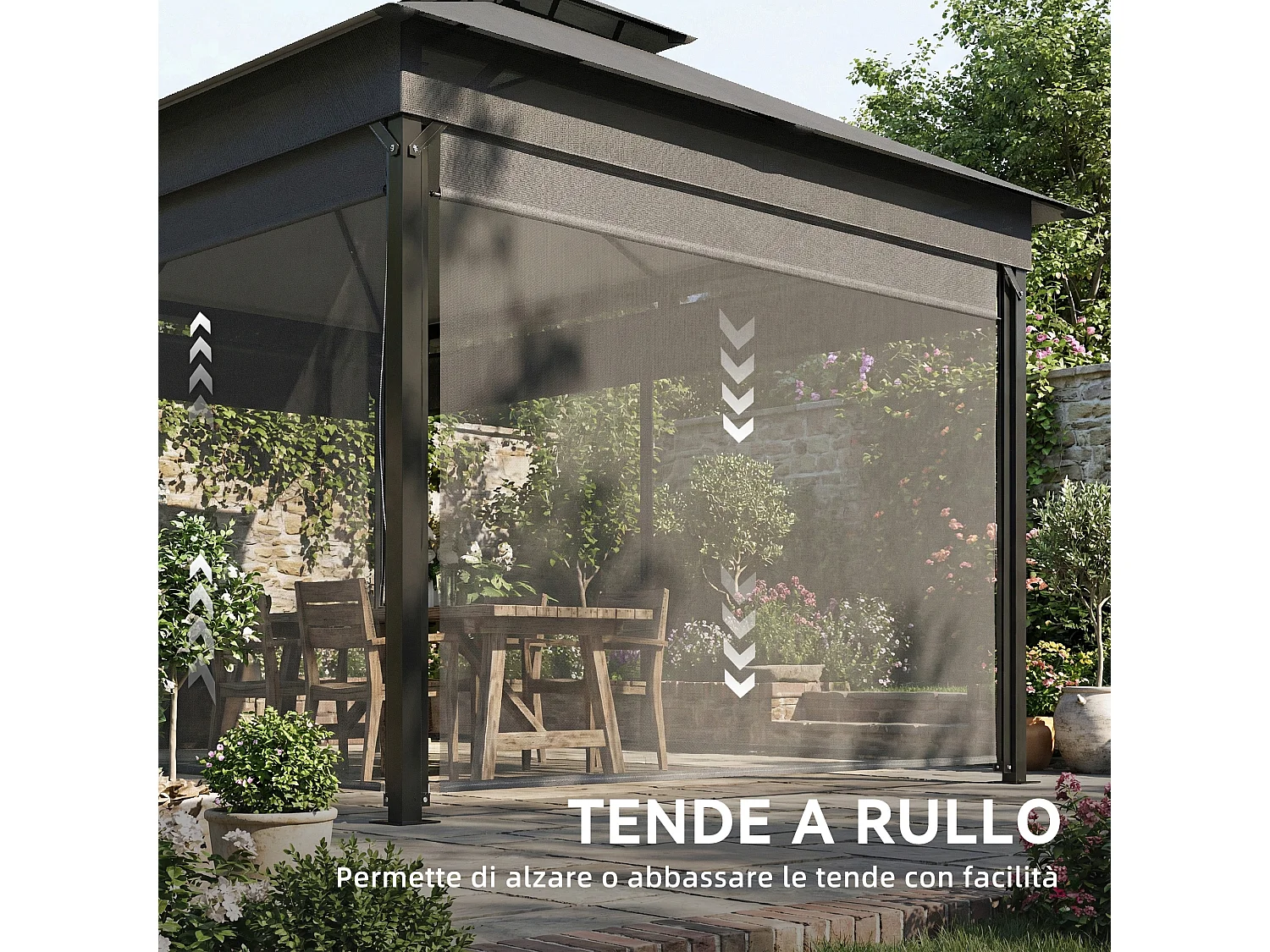 Gazebo da giardino 4x3 m con doppio tetto e tende grigio scuro