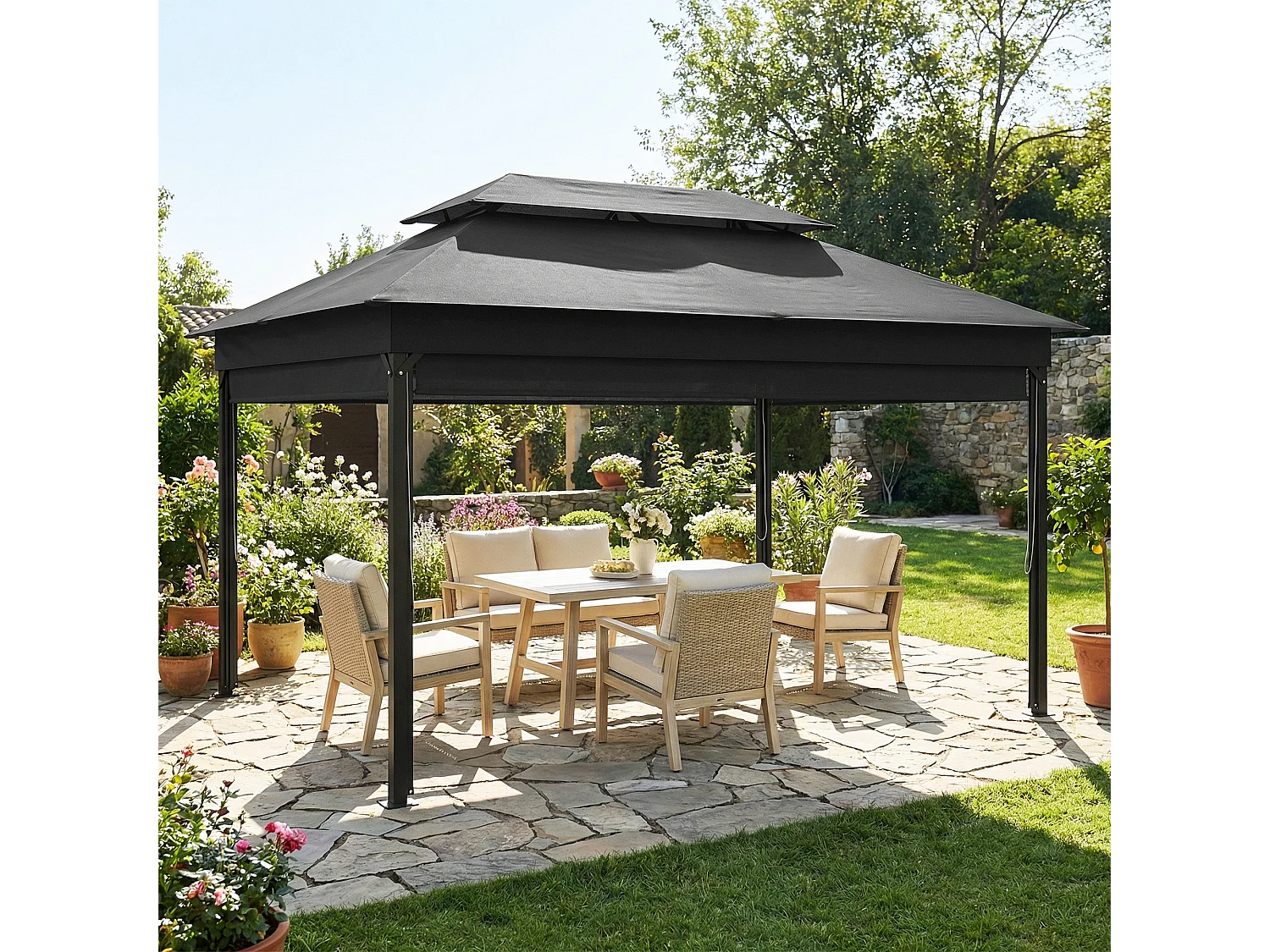Gazebo da giardino 4x3 m con doppio tetto e tende grigio scuro