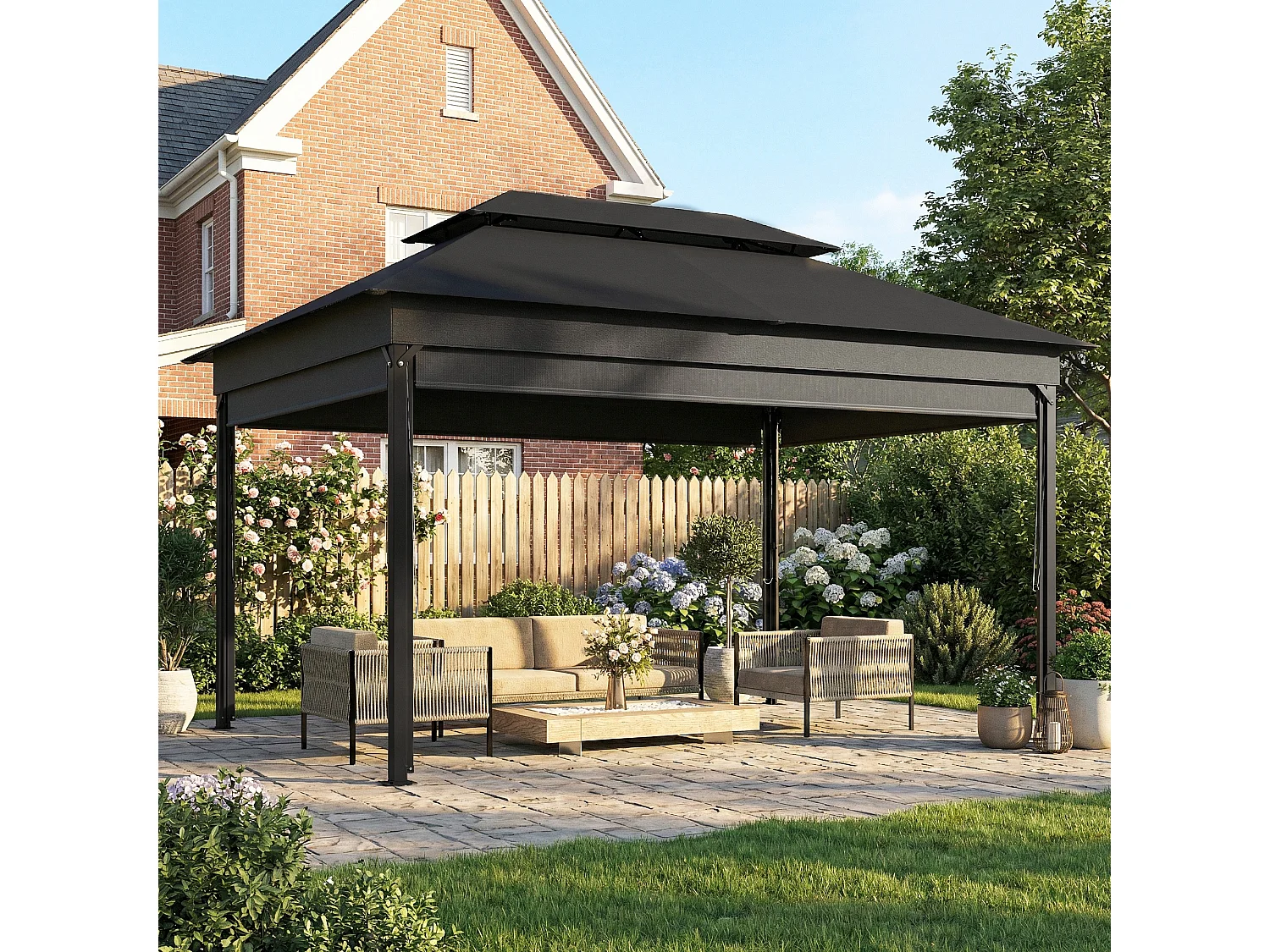 Gazebo da giardino 4x3 m con doppio tetto e tende grigio scuro
