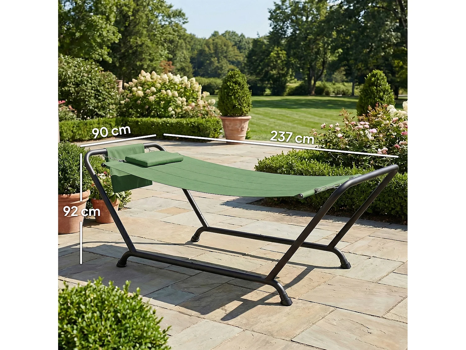 Amaca da giardino con supporto, tasca laterale poggiatesta verde scuro