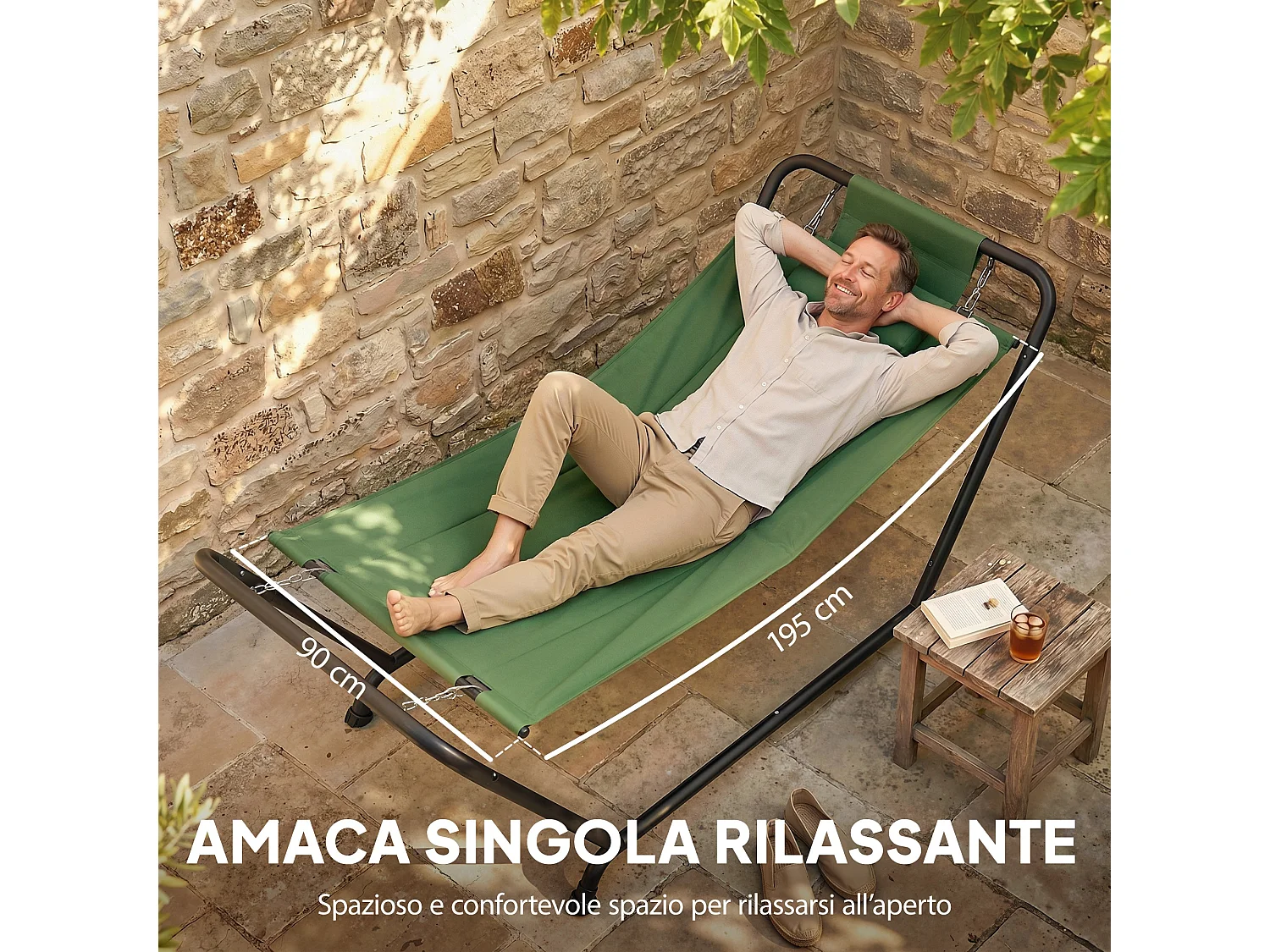 Amaca da giardino con supporto, tasca laterale poggiatesta verde scuro