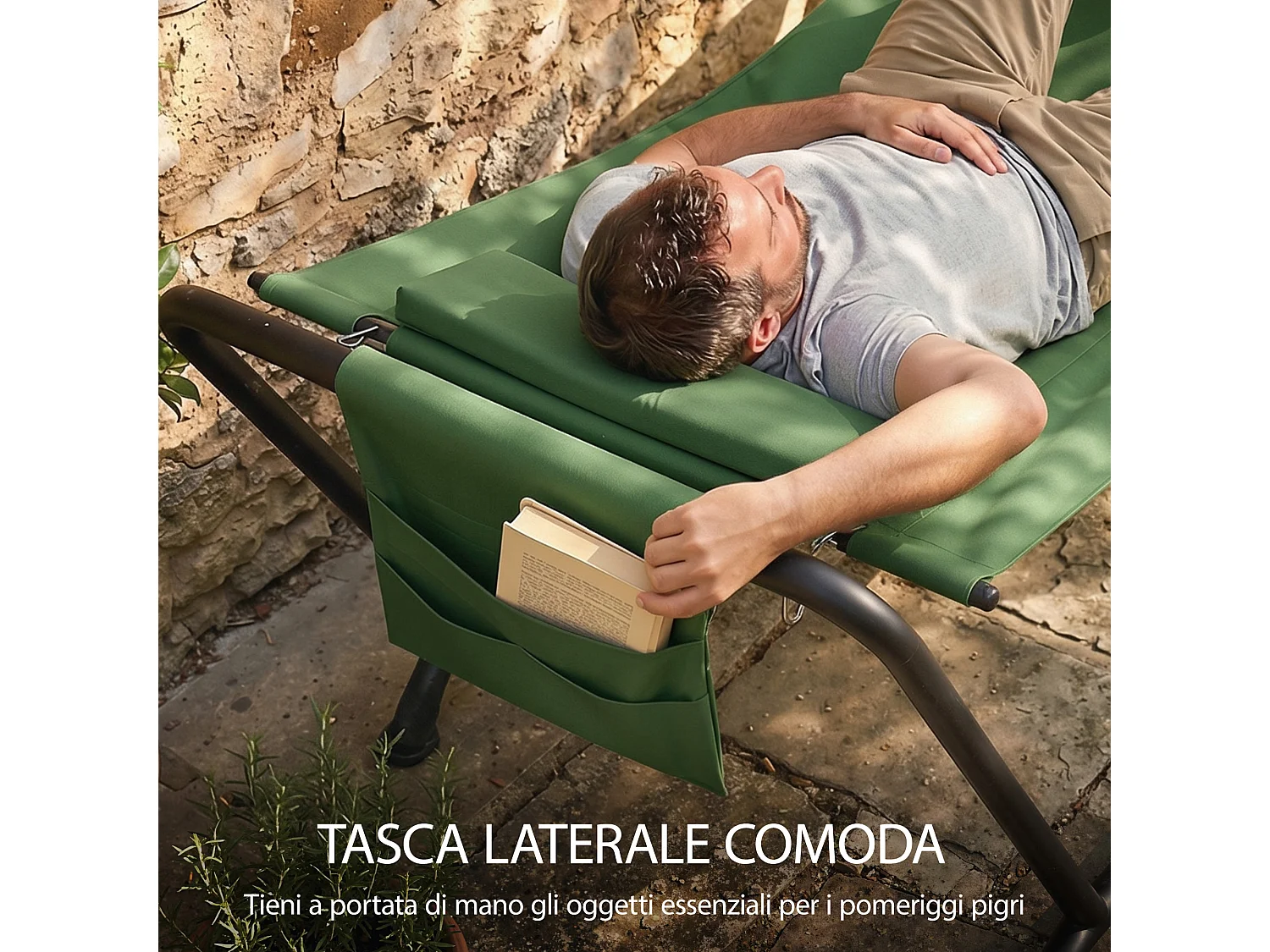 Amaca da giardino con supporto, tasca laterale poggiatesta verde scuro