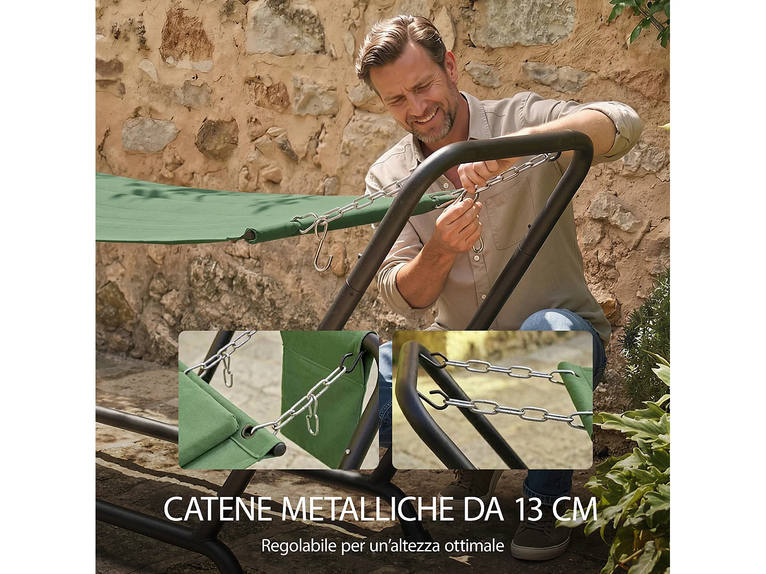 Amaca da giardino con supporto, tasca laterale poggiatesta verde scuro