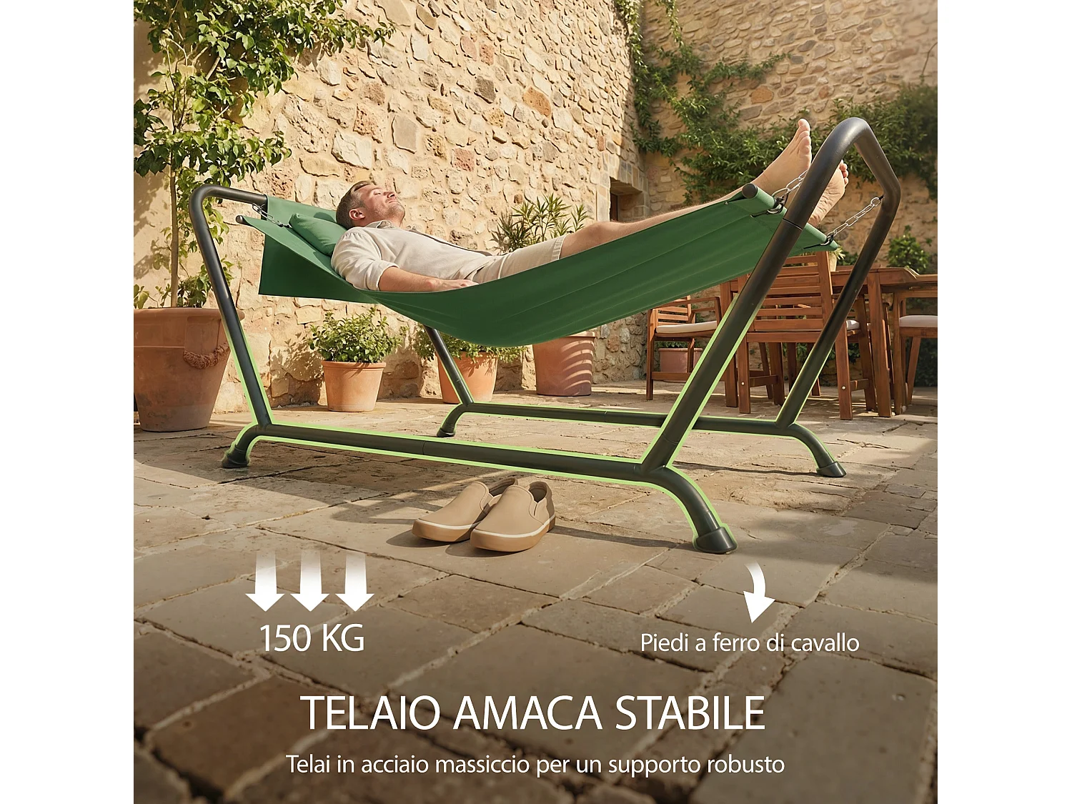 Amaca da giardino con supporto, tasca laterale poggiatesta verde scuro