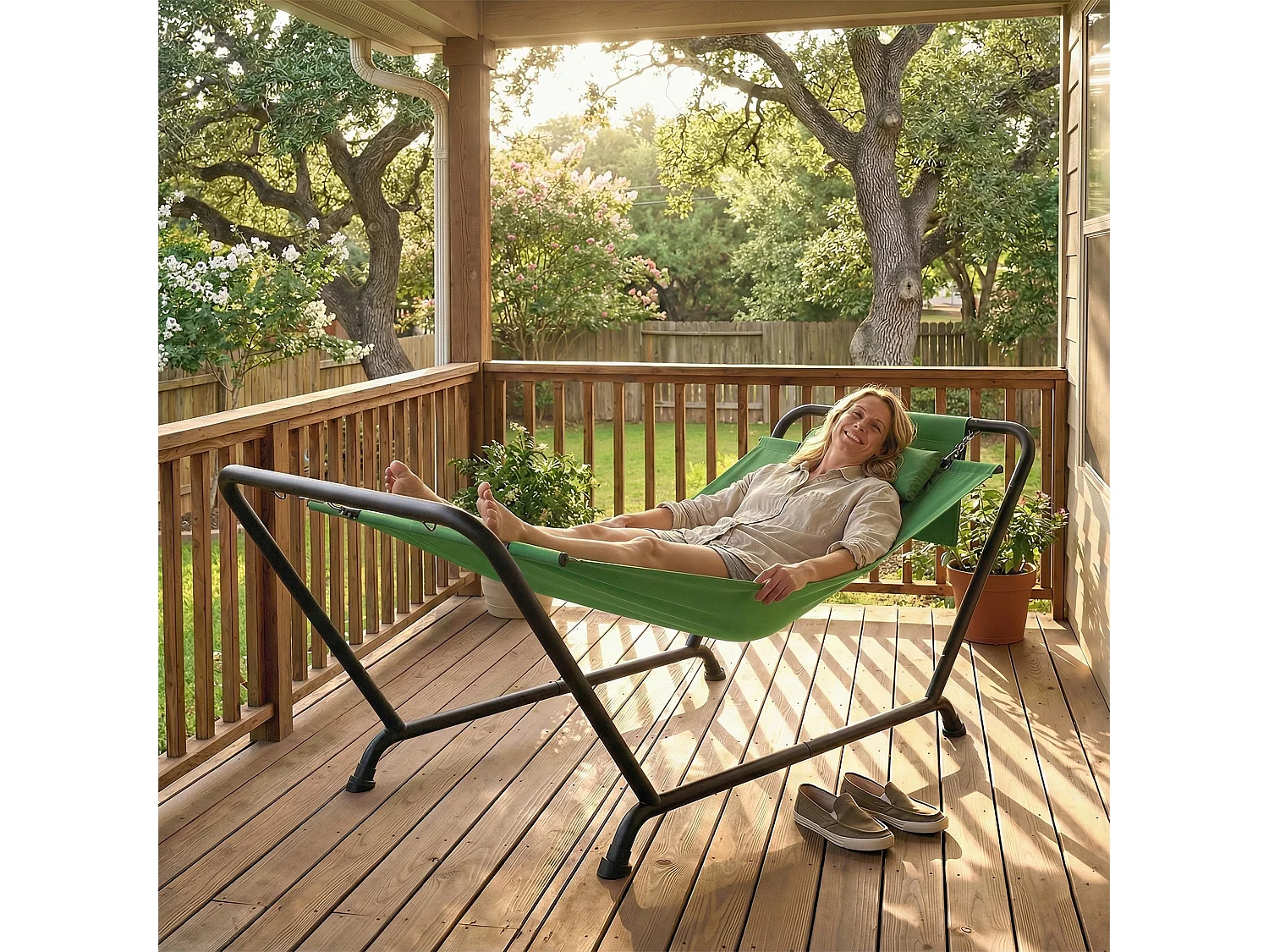 Amaca da giardino con supporto, tasca laterale poggiatesta verde scuro