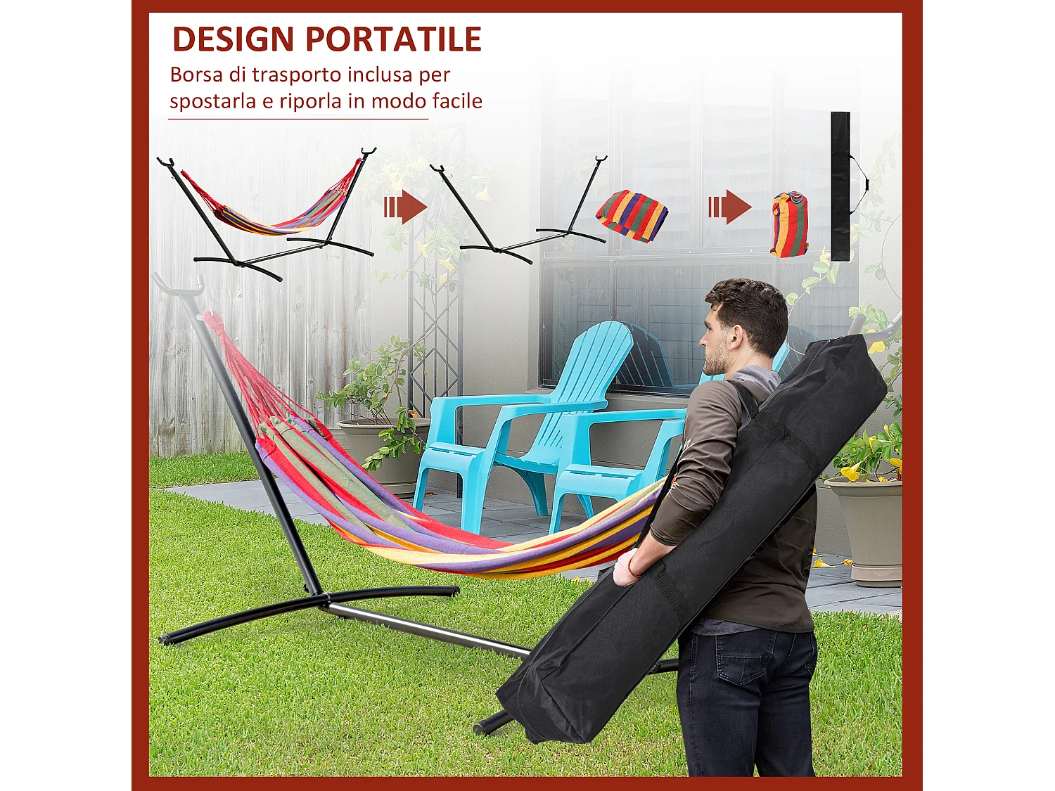 Amaca Da Giardino Autoportante Con Struttura In Acciaio E Cotone Multicolor Custodia Inclusa