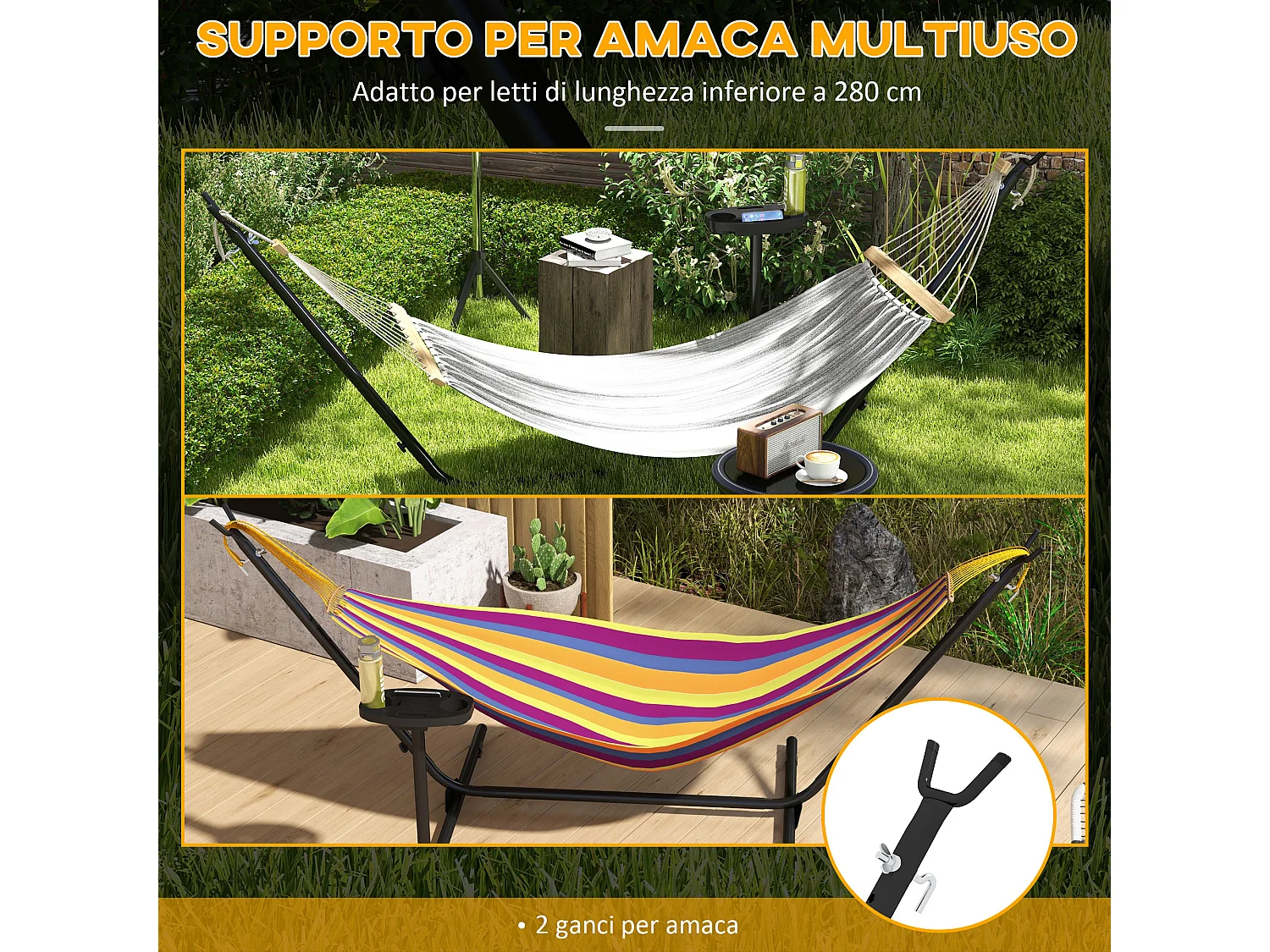 Supporto per amaca con tavolino integrato in acciaio nero