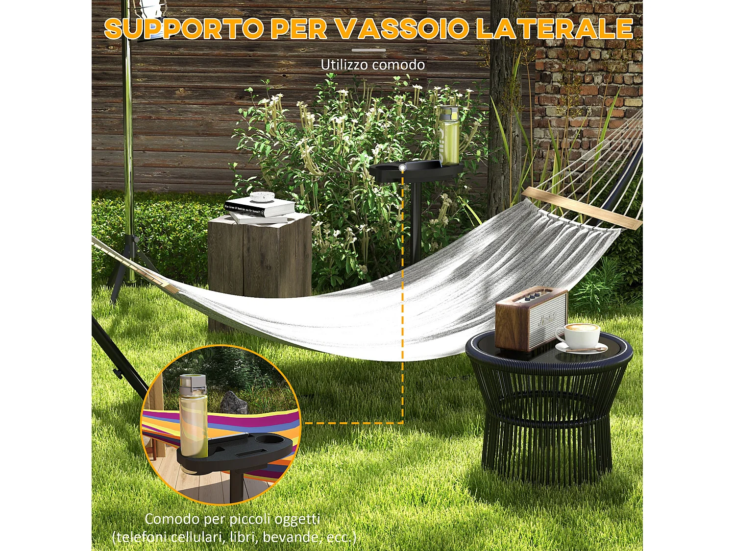 Supporto per amaca con tavolino integrato in acciaio nero
