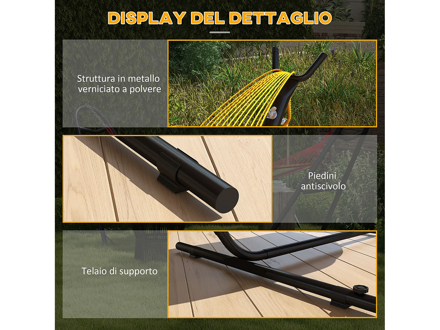 Supporto per amaca con tavolino integrato in acciaio nero