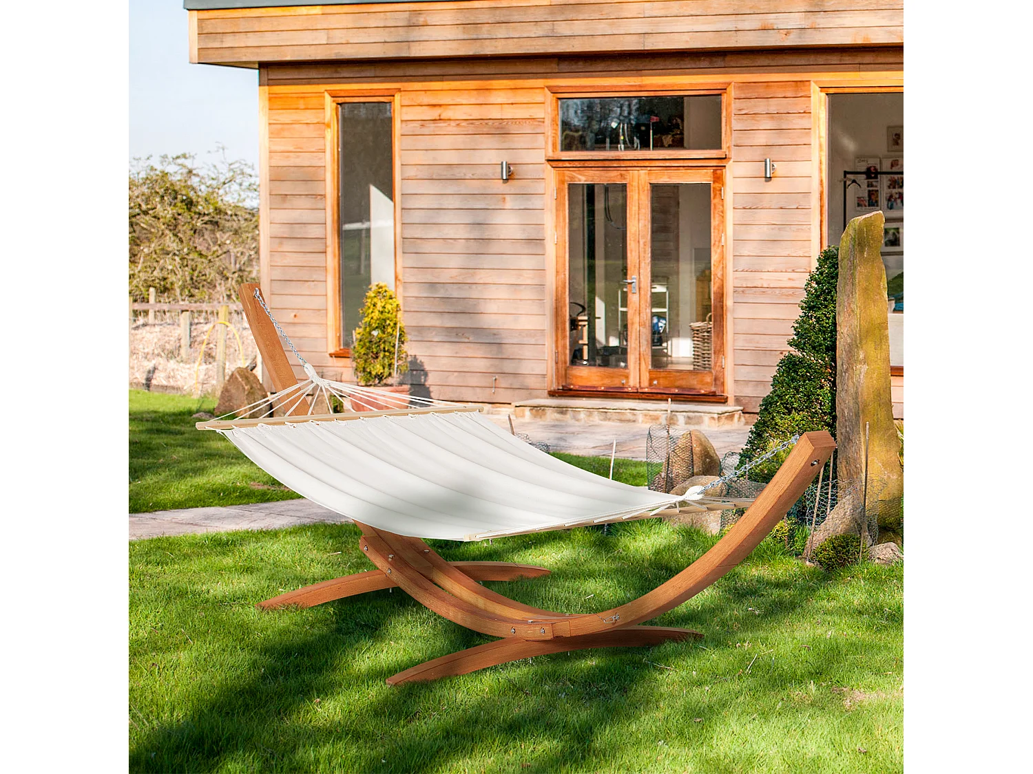 Amaca da giardino supporto in legno e cotone bianca