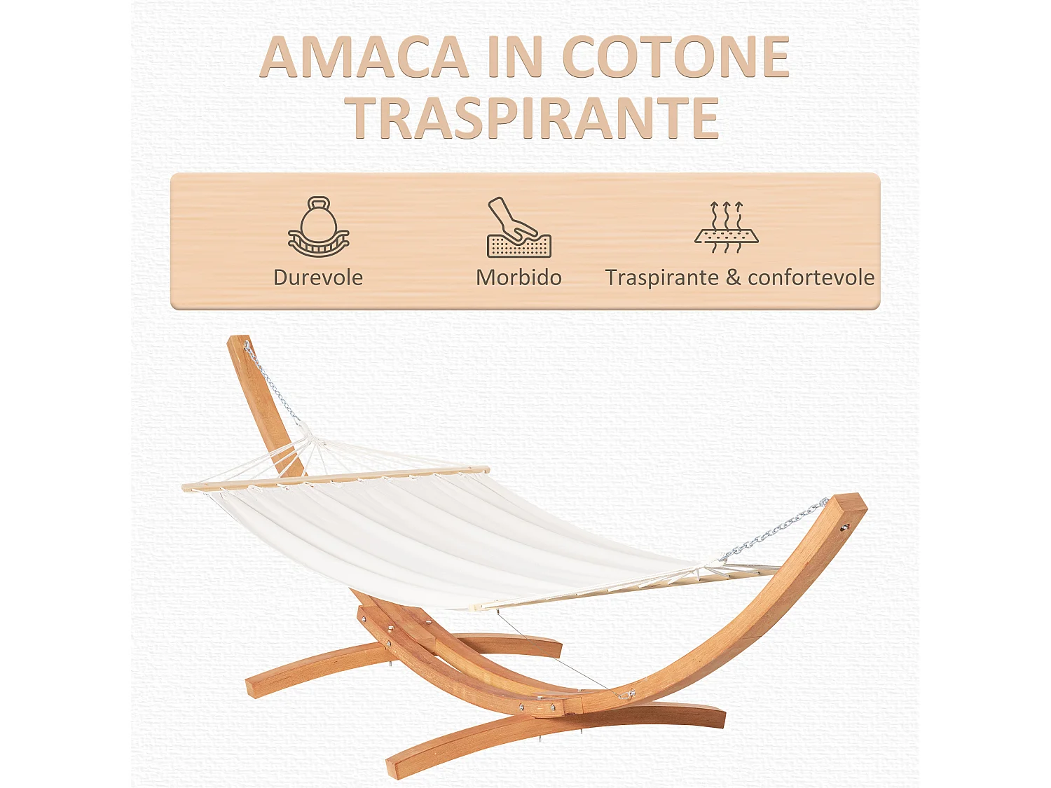 Amaca da giardino supporto in legno e cotone bianca