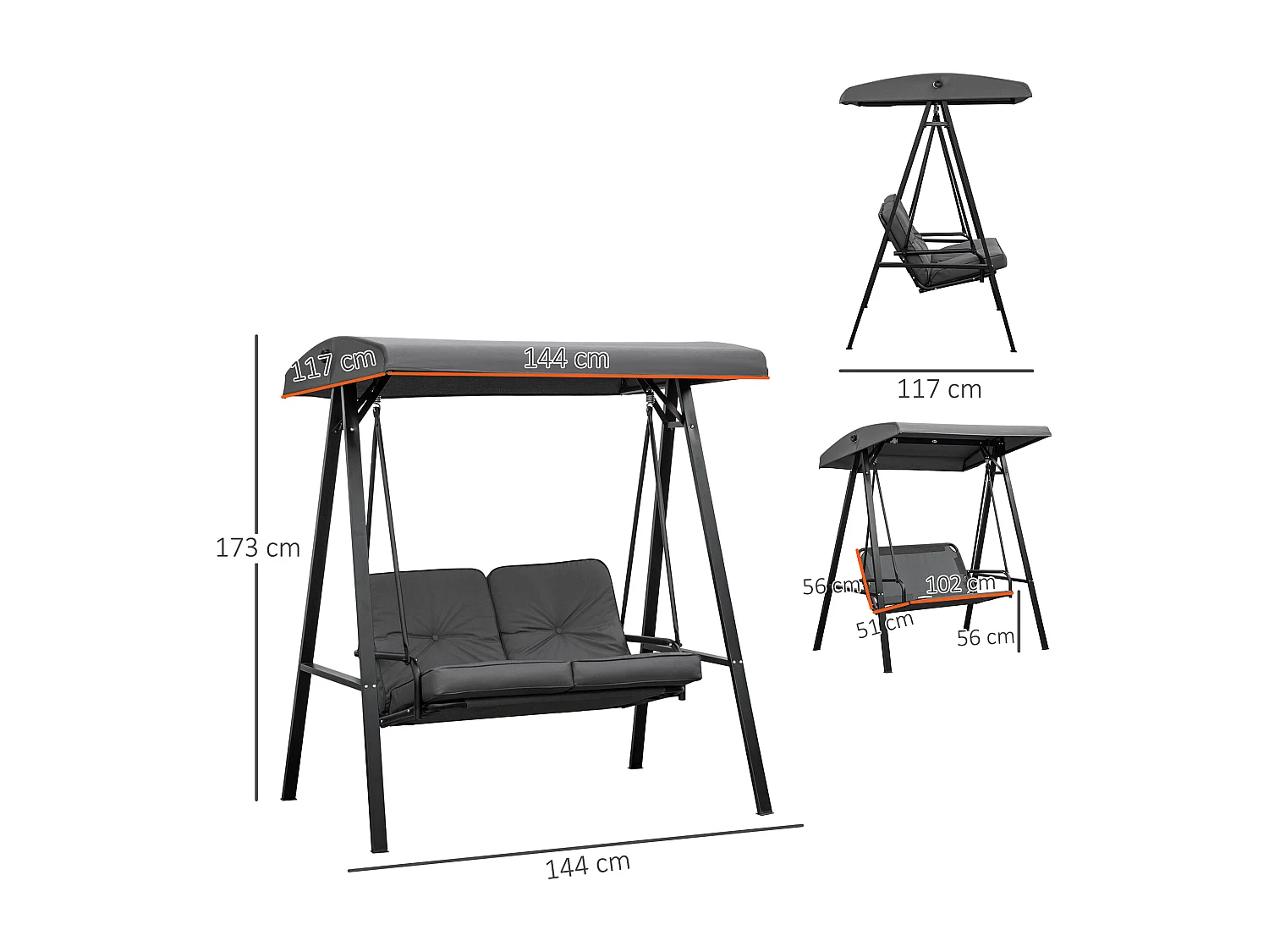 Dondolo 2 posti con tettuccio regolabile 144x117x173 cm grigio