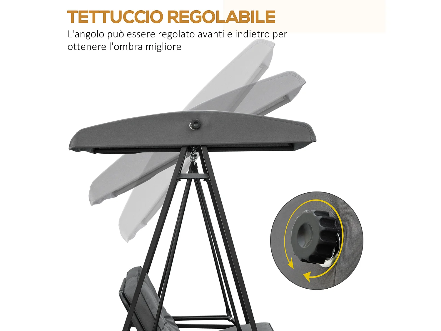 Dondolo 2 posti con tettuccio regolabile 144x117x173 cm grigio