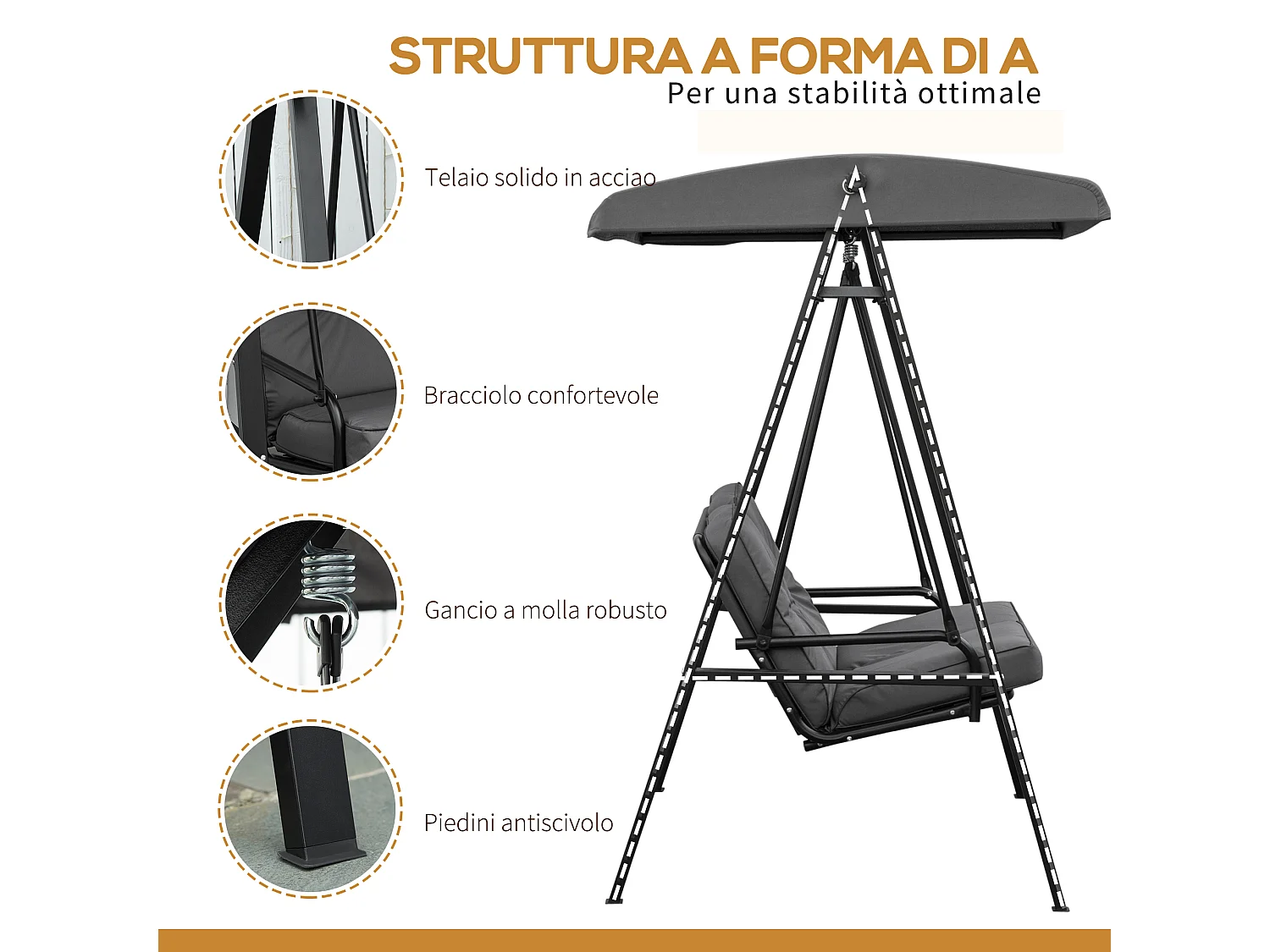 Dondolo 2 posti con tettuccio regolabile 144x117x173 cm grigio