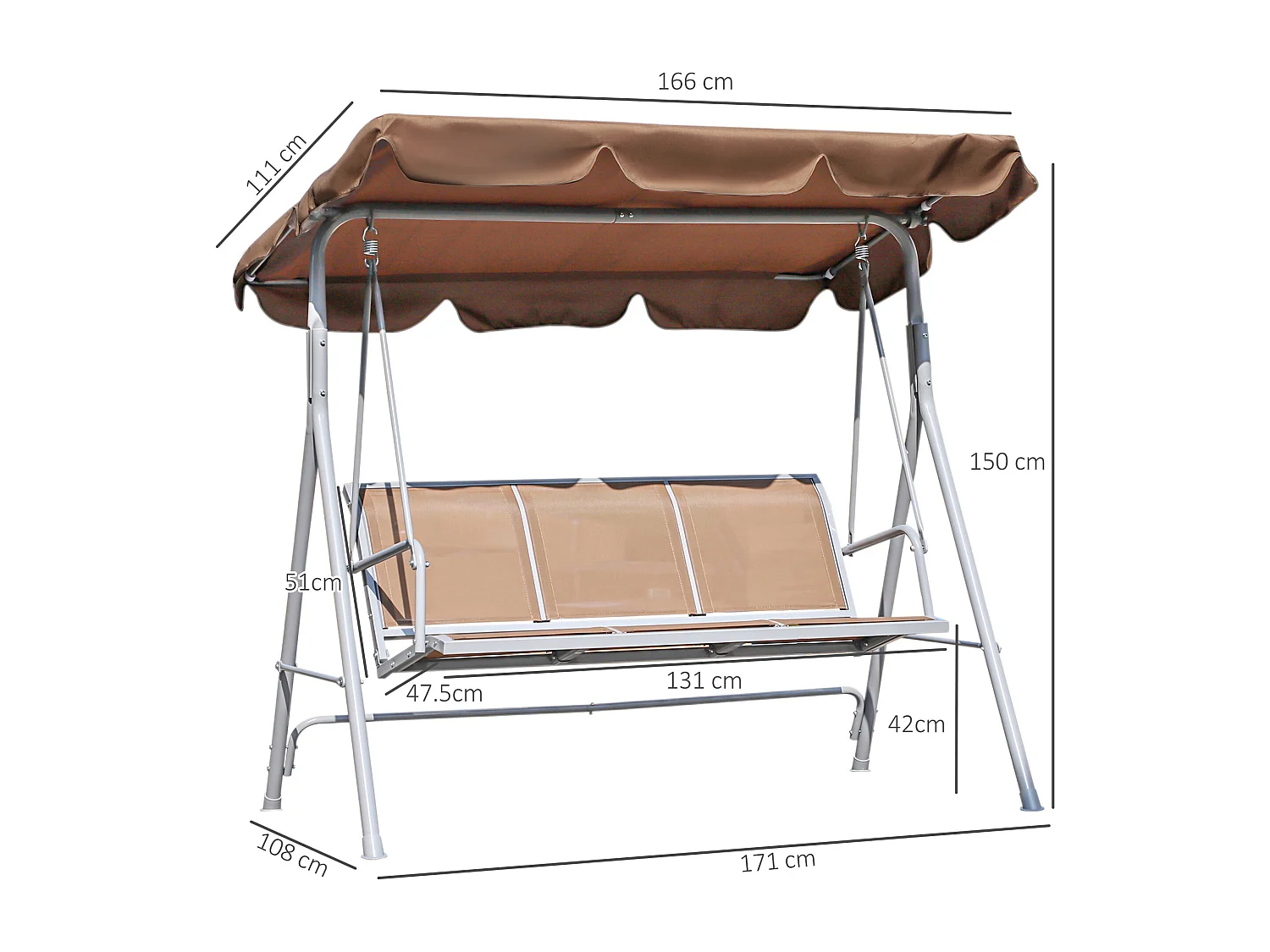 Dondolo da Giardino 3 Posti con Tettuccio Parasole Regolabile e Seduta in Poliestere