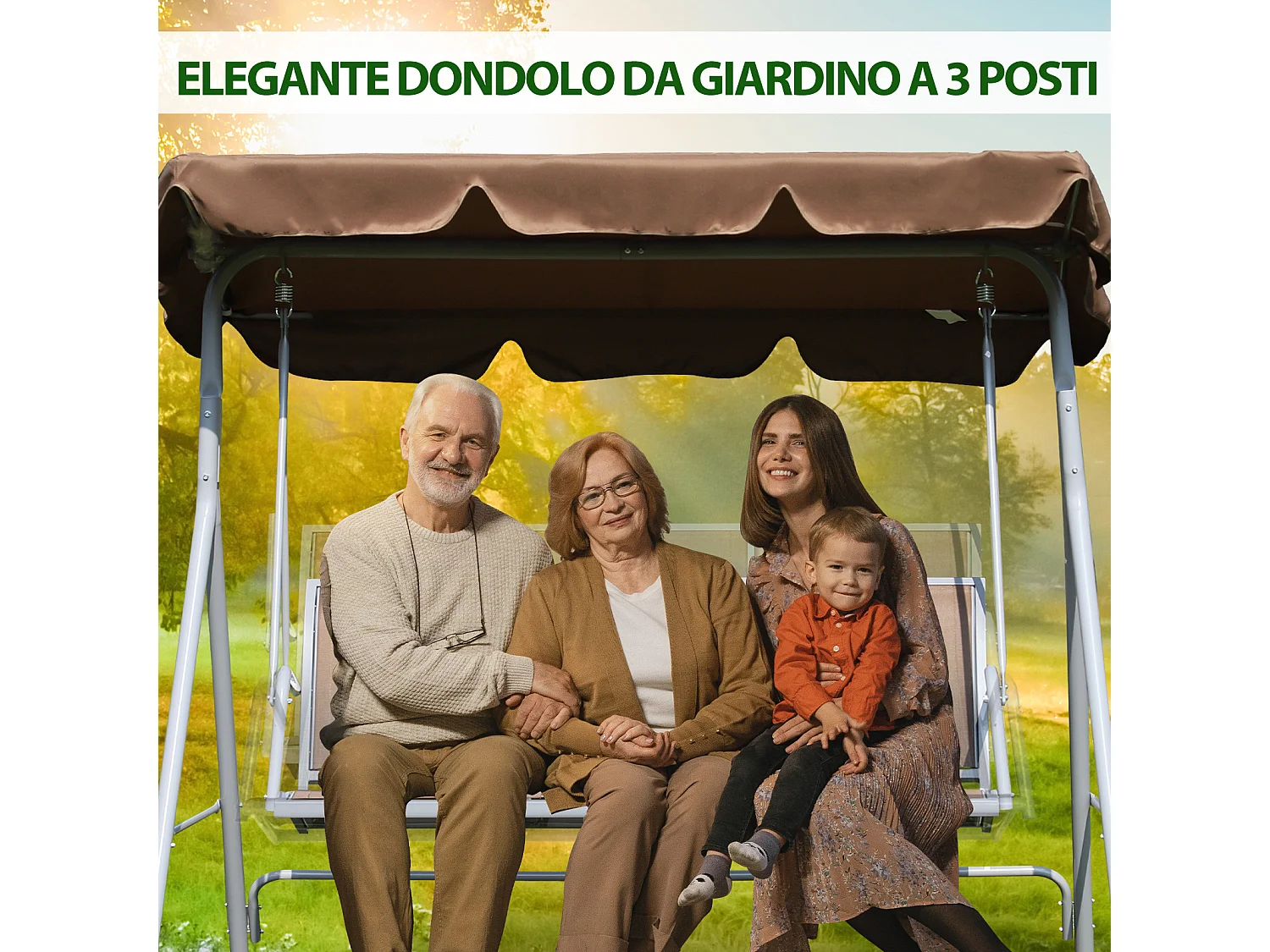 Dondolo da Giardino 3 Posti con Tettuccio Parasole Regolabile e Seduta in Poliestere