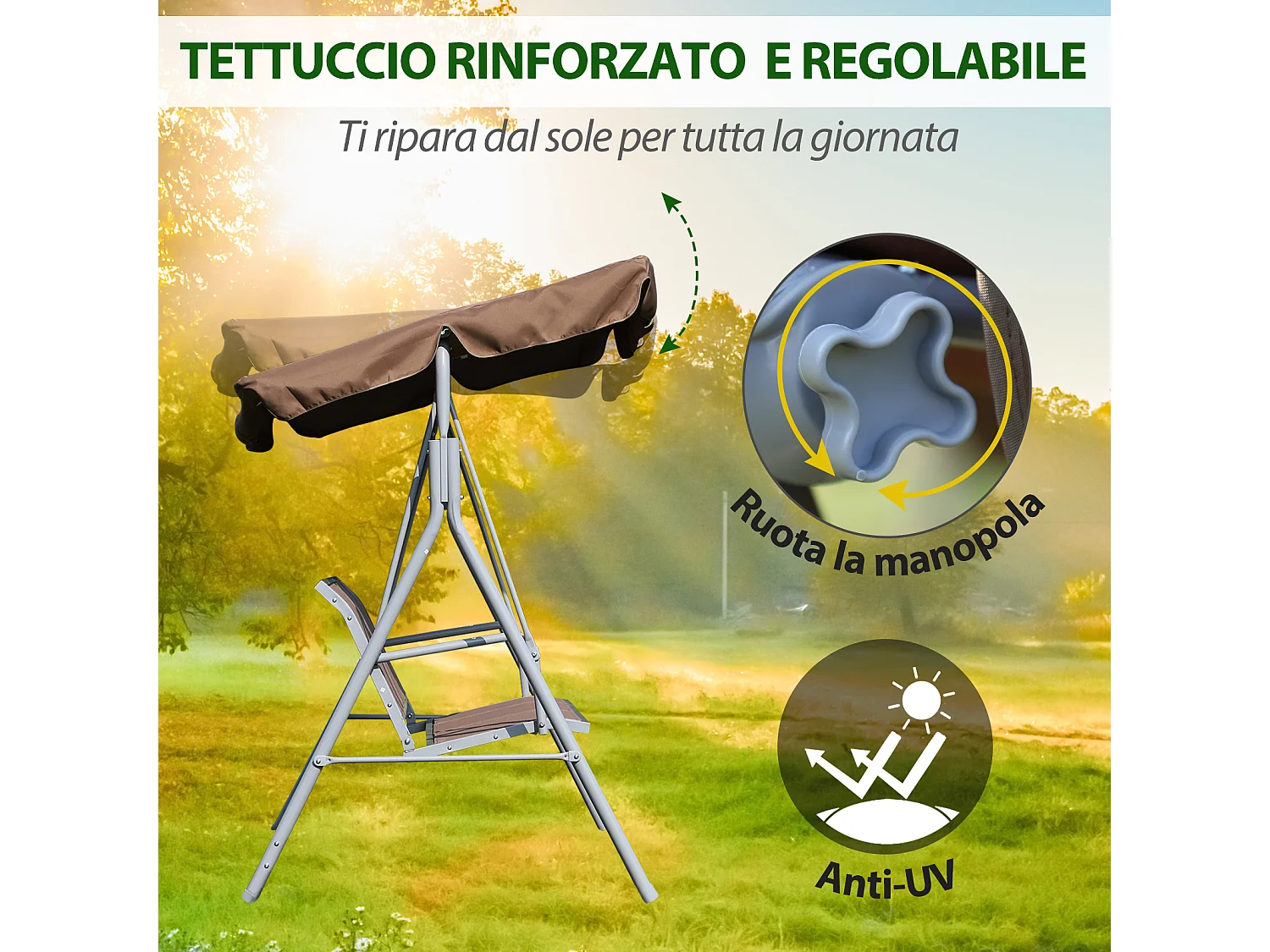 Dondolo da Giardino 3 Posti con Tettuccio Parasole Regolabile e Seduta in Poliestere