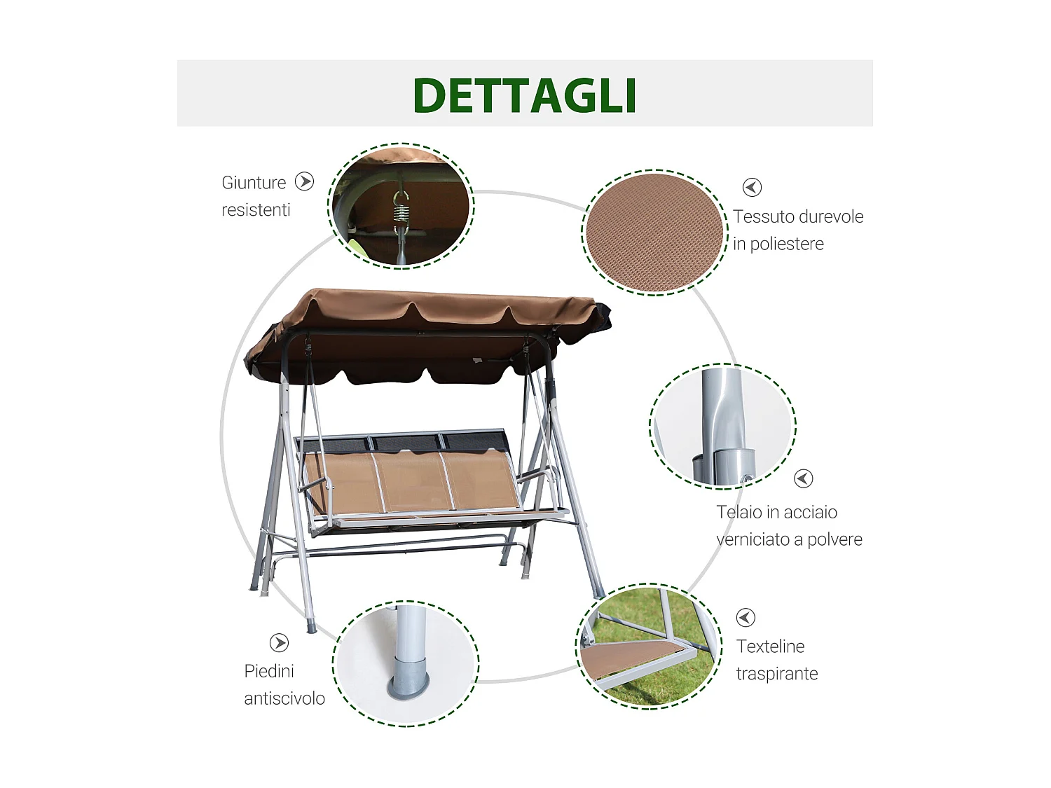 Dondolo da Giardino 3 Posti con Tettuccio Parasole Regolabile e Seduta in Poliestere