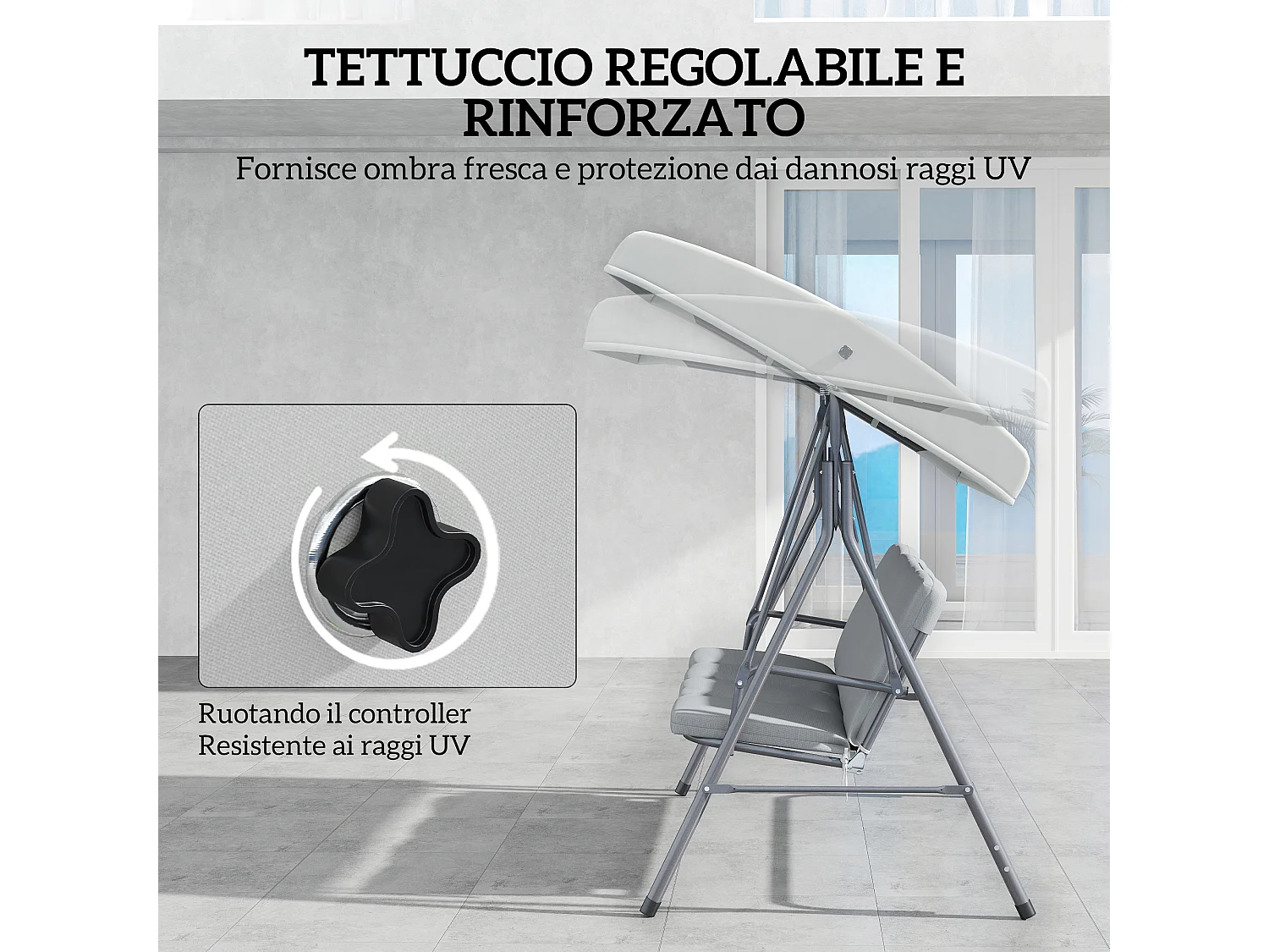 Dondolo da giardino 3 posti con tettuccio e cuscini grigio chiaro