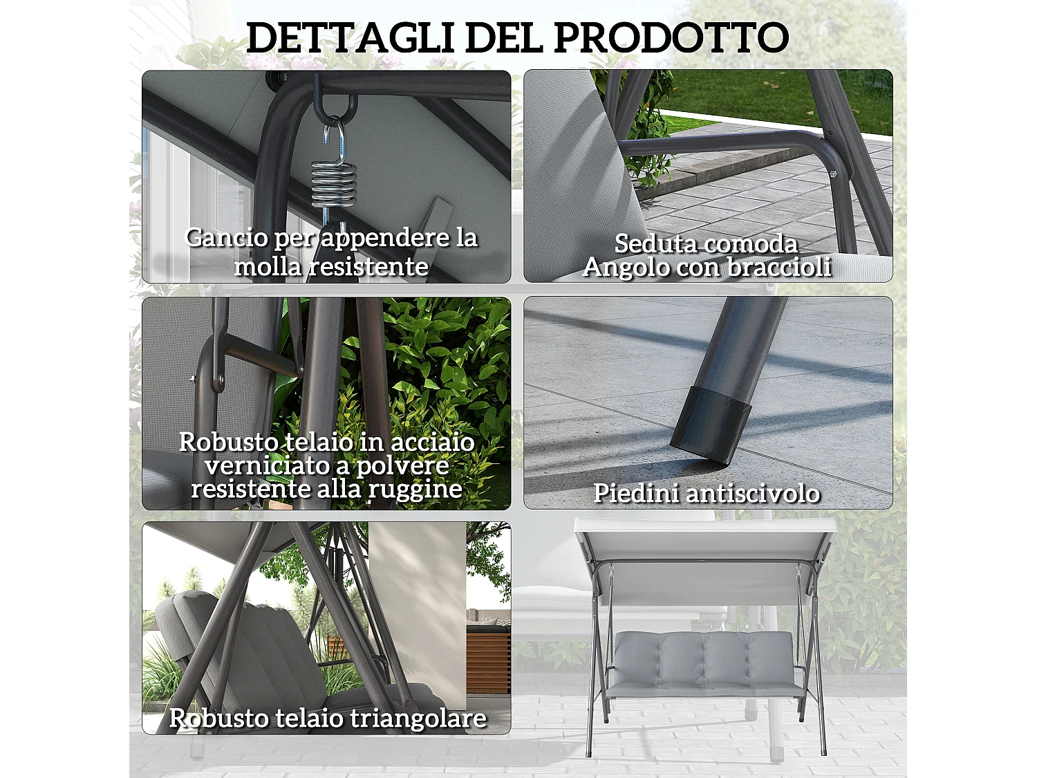 Dondolo da giardino 3 posti con tettuccio e cuscini grigio chiaro