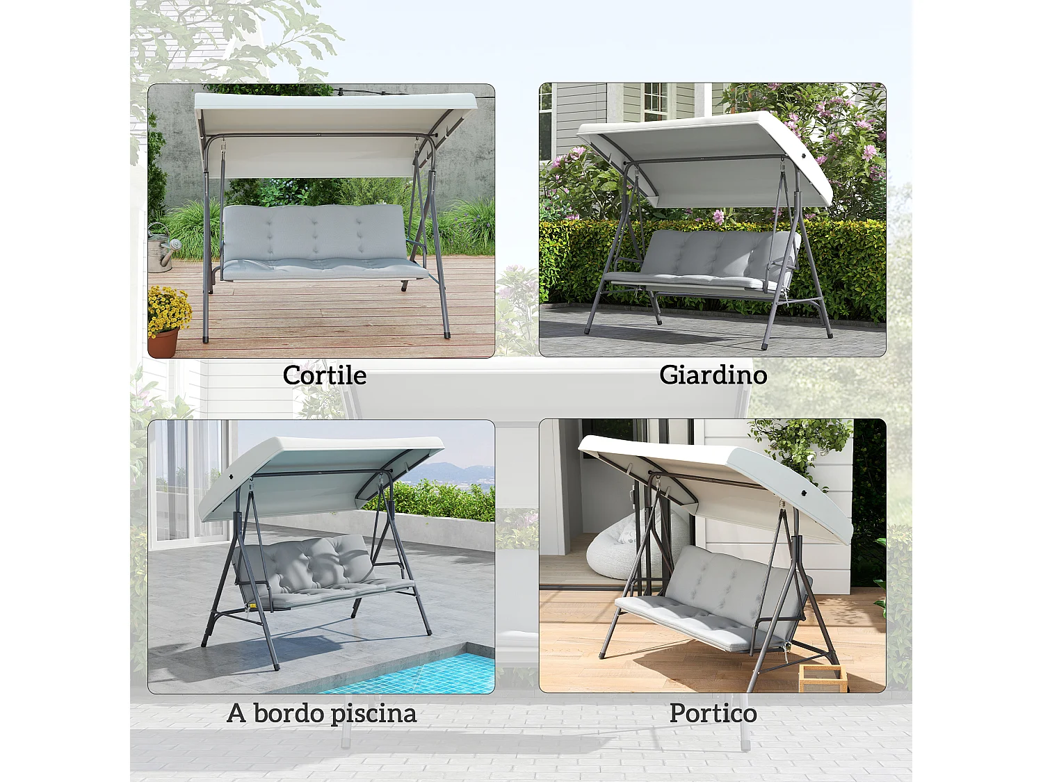 Dondolo da giardino 3 posti con tettuccio e cuscini grigio chiaro