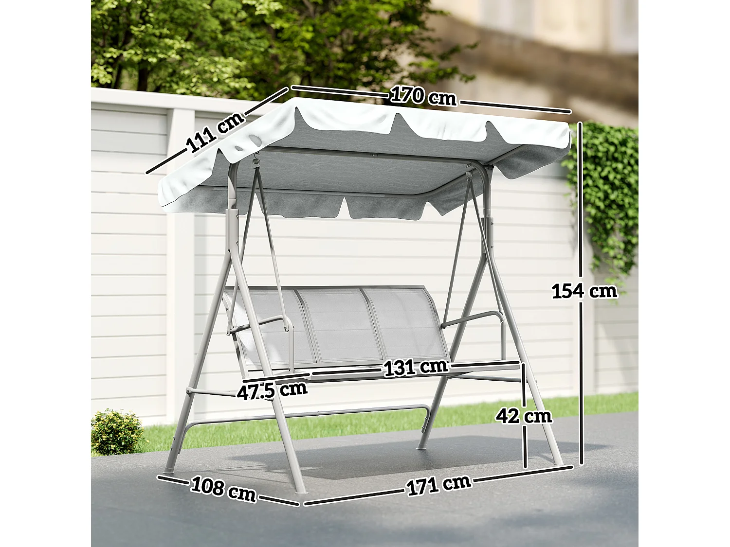 Dondolo da giardino 3 posti con tetto parasole grigio chiaro
