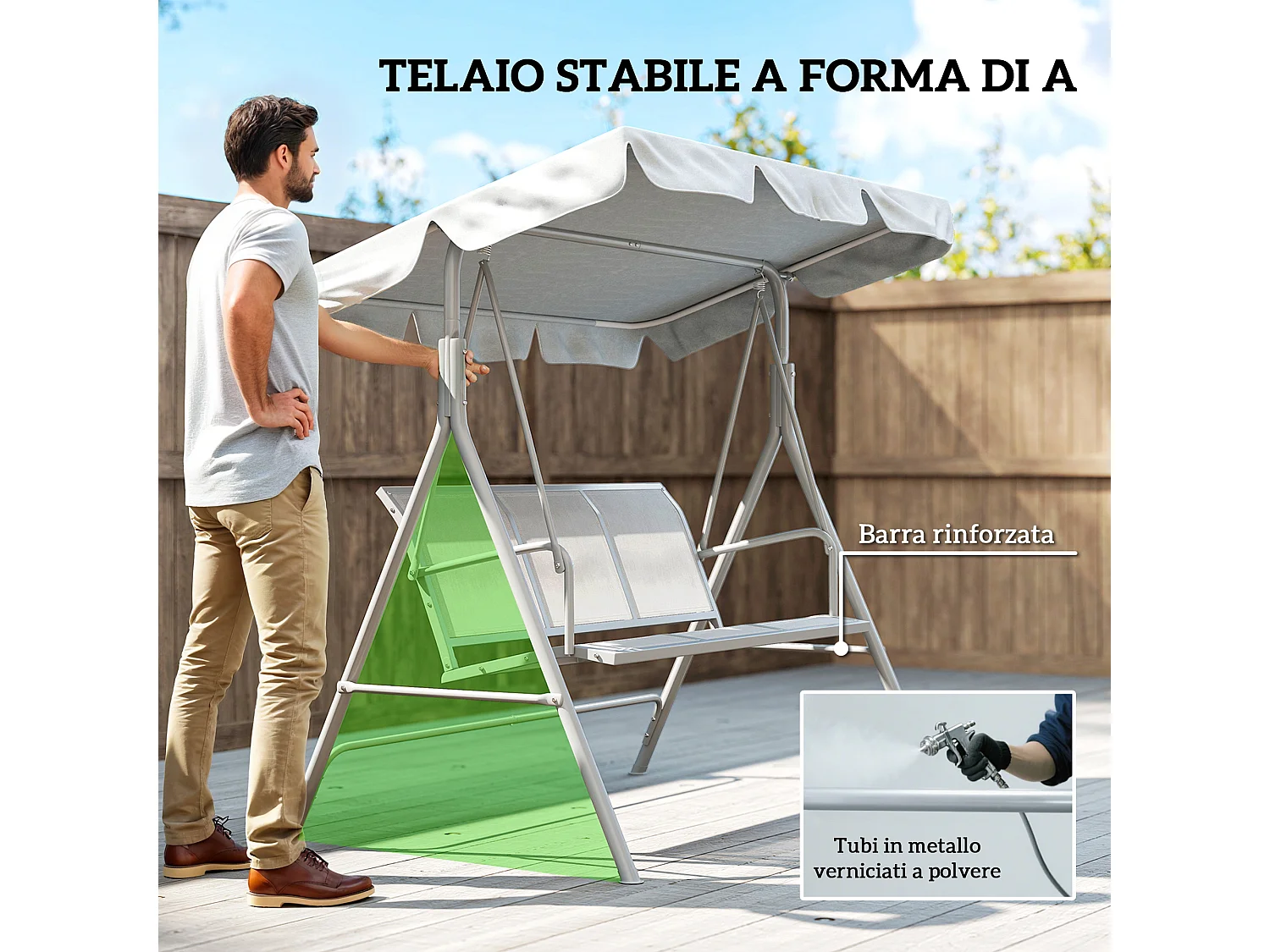 Dondolo da giardino 3 posti con tetto parasole grigio chiaro