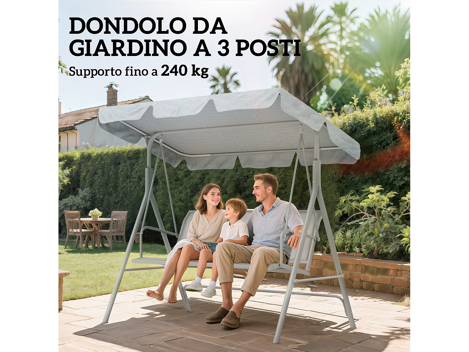 Dondolo da giardino 3 posti con tetto parasole grigio chiaro