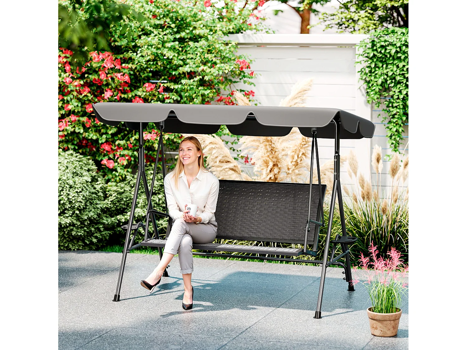 Dondolo da giardino 3 posti con tettuccio regolabile grigio