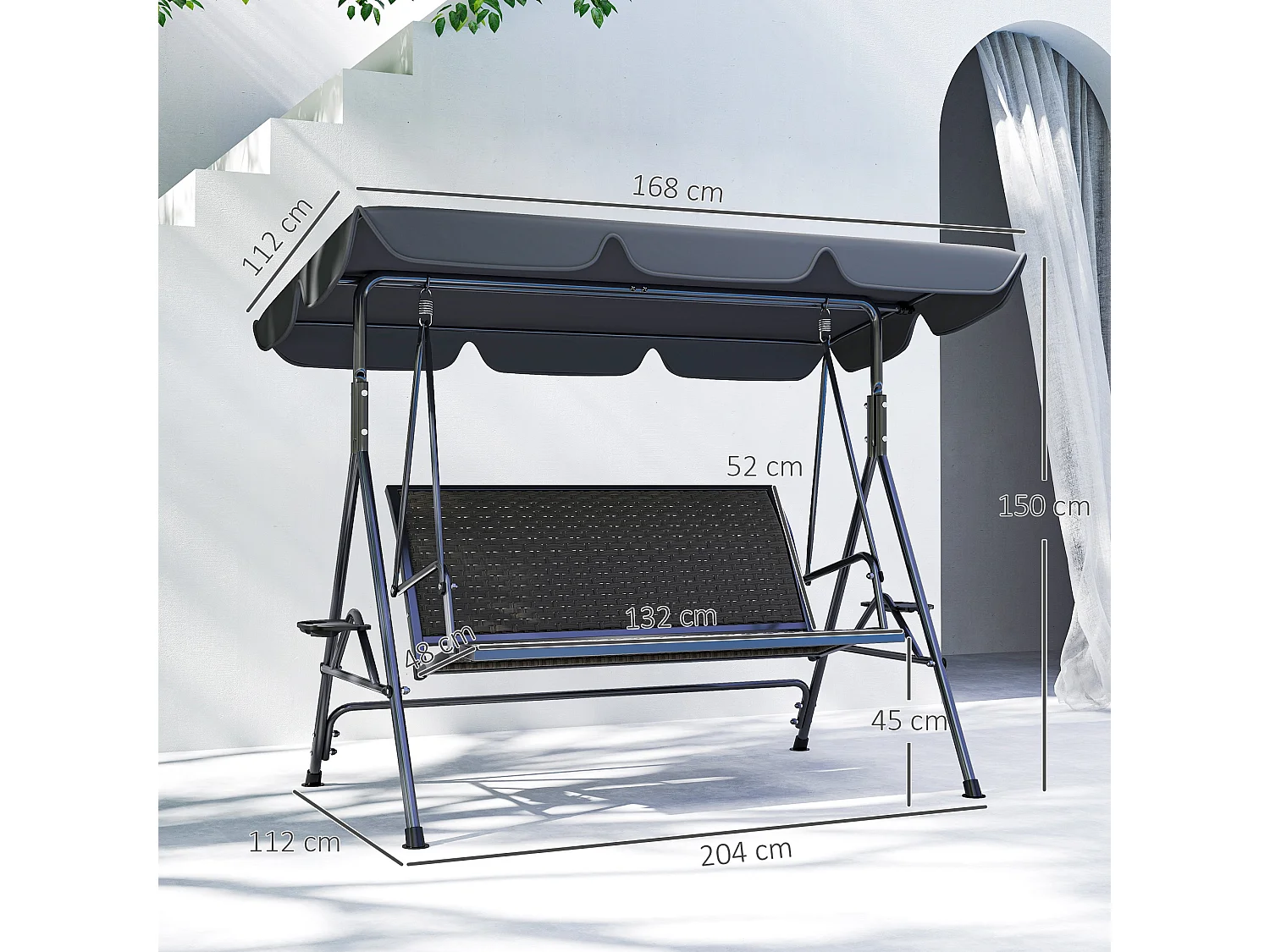 Dondolo da giardino 3 posti con tettuccio regolabile grigio