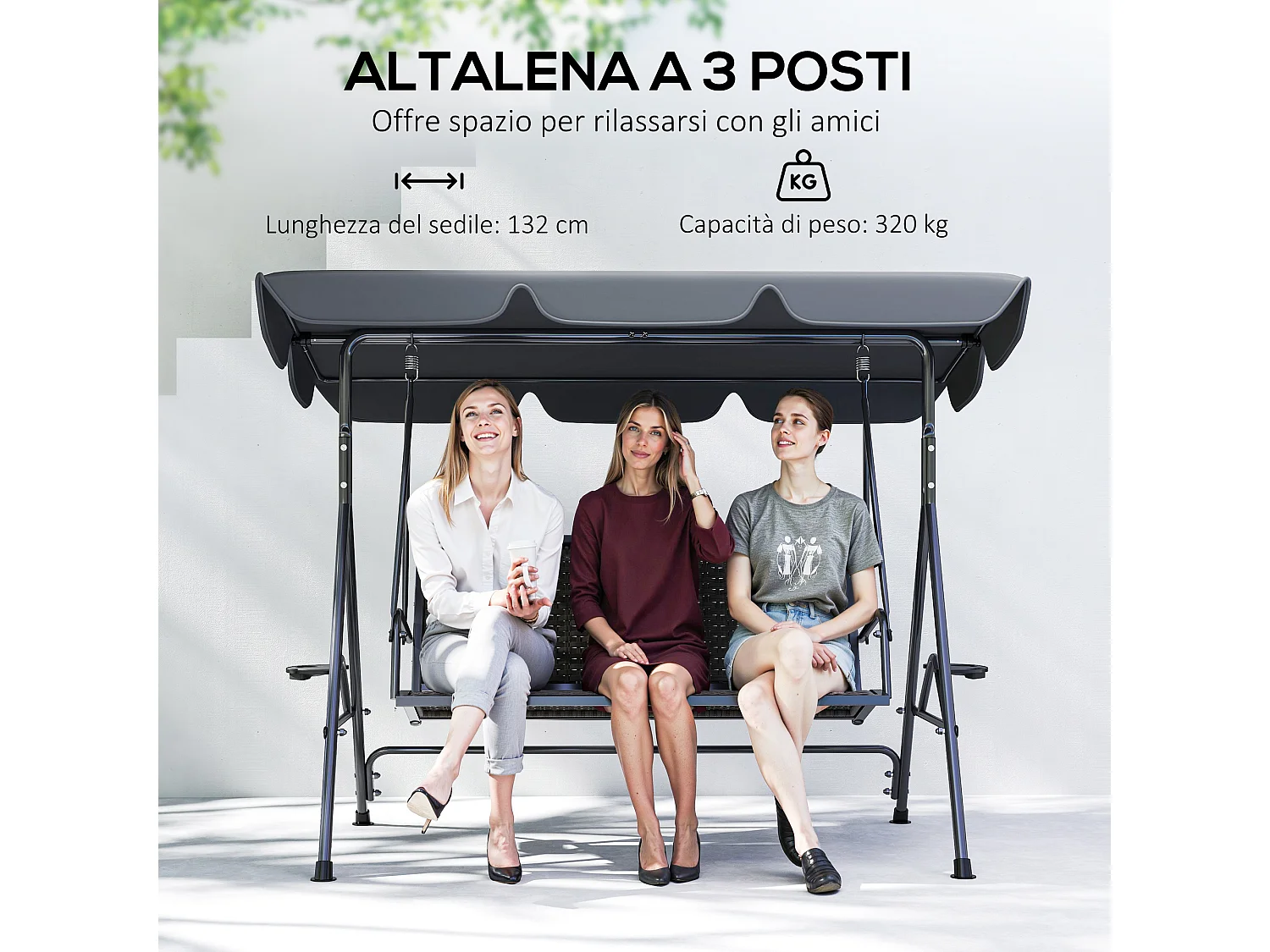 Dondolo da giardino 3 posti con tettuccio regolabile grigio