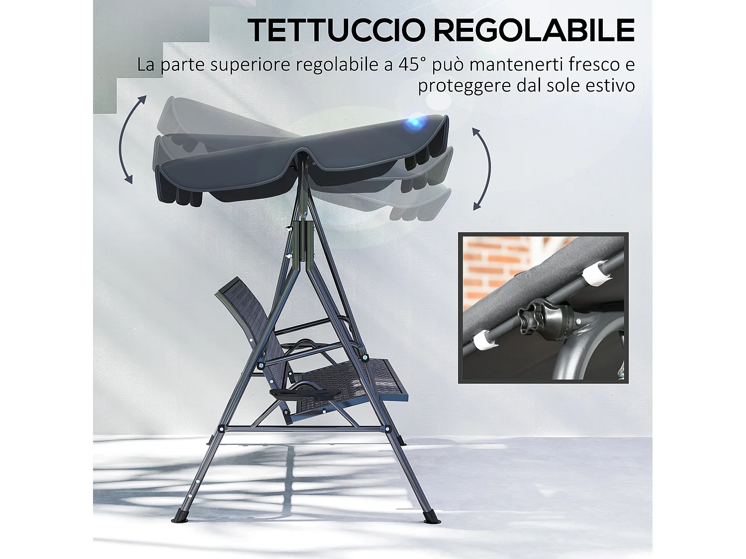 Dondolo da giardino 3 posti con tettuccio regolabile grigio