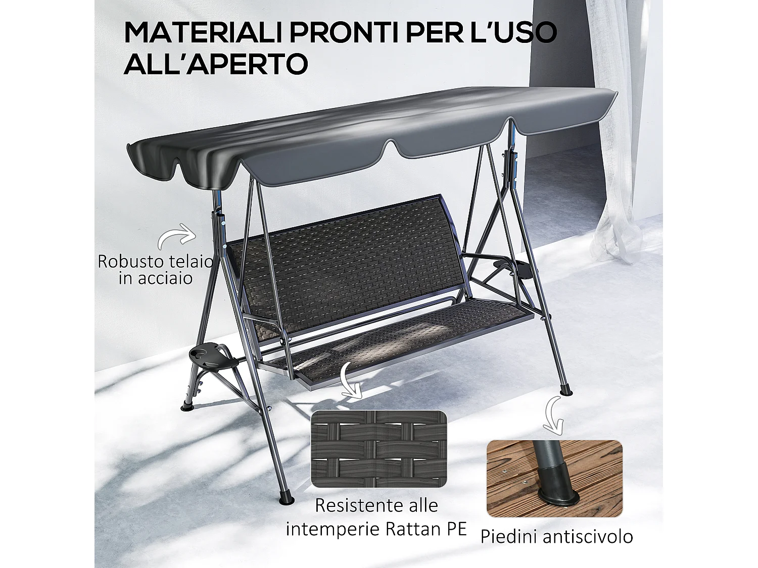 Dondolo da giardino 3 posti con tettuccio regolabile grigio