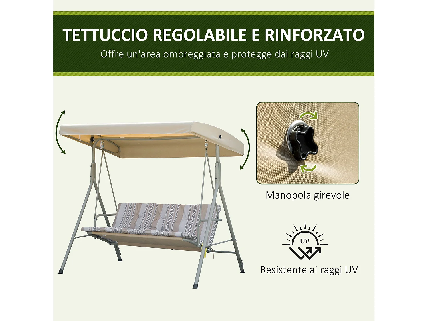 Dondolo da giardino 3 posti acciaio tetto regolabile cuscini