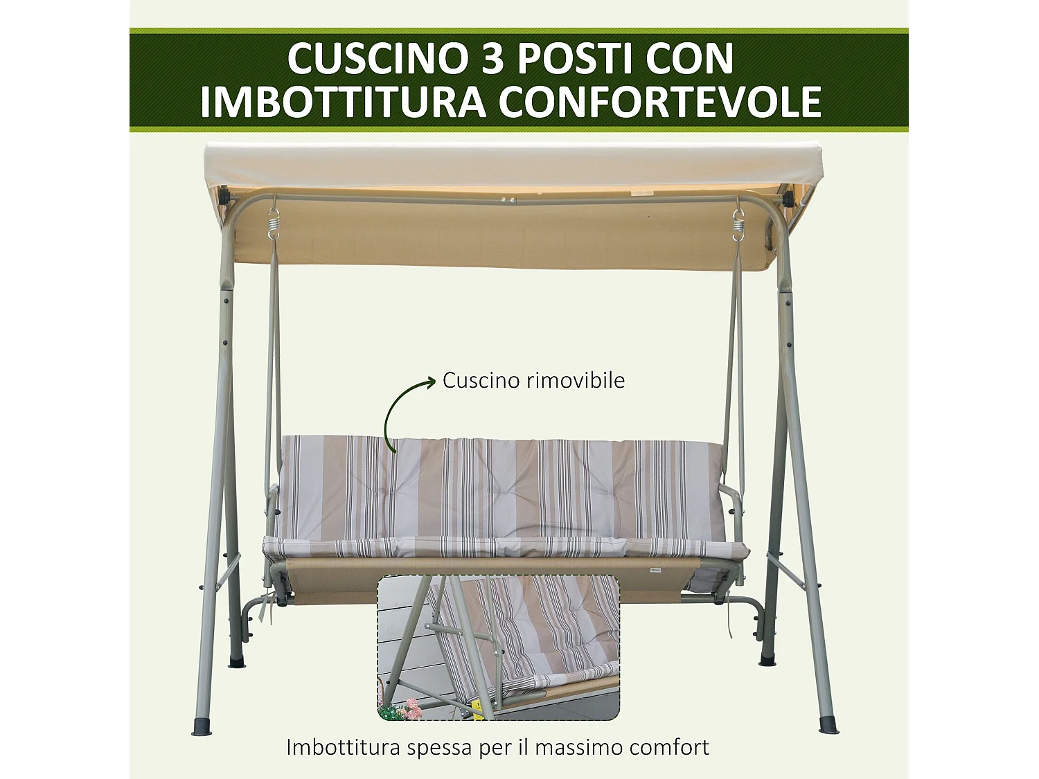 Dondolo da giardino 3 posti acciaio tetto regolabile cuscini