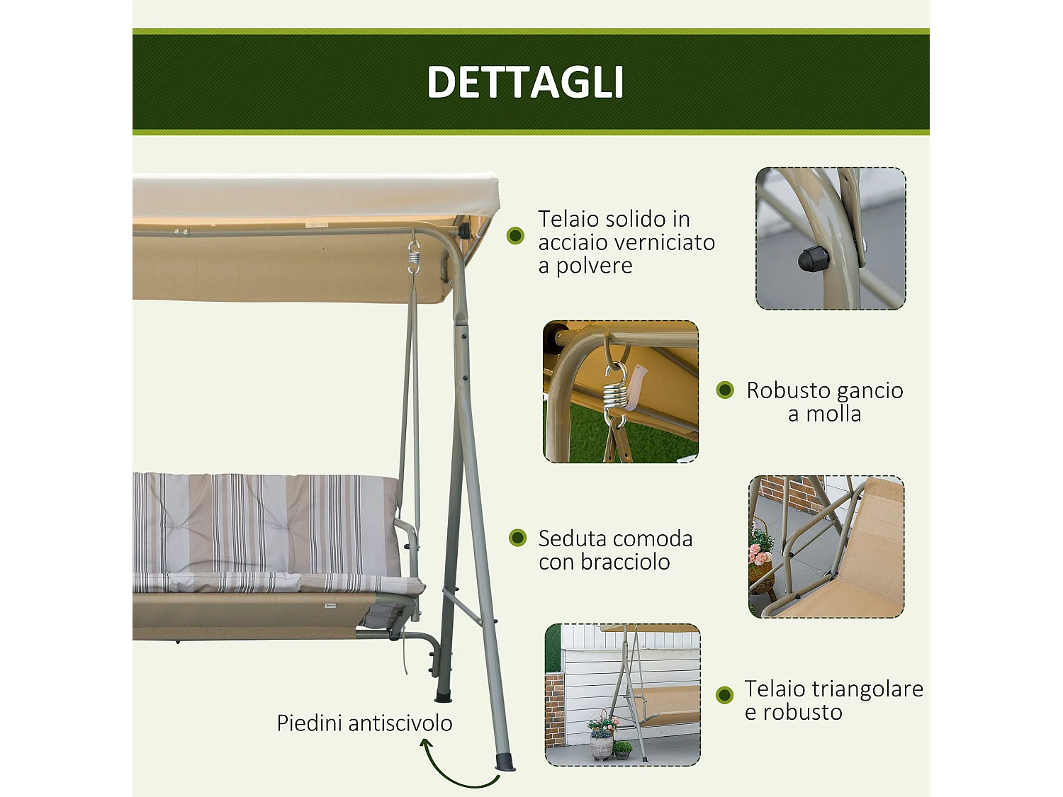 Dondolo da giardino 3 posti acciaio tetto regolabile cuscini