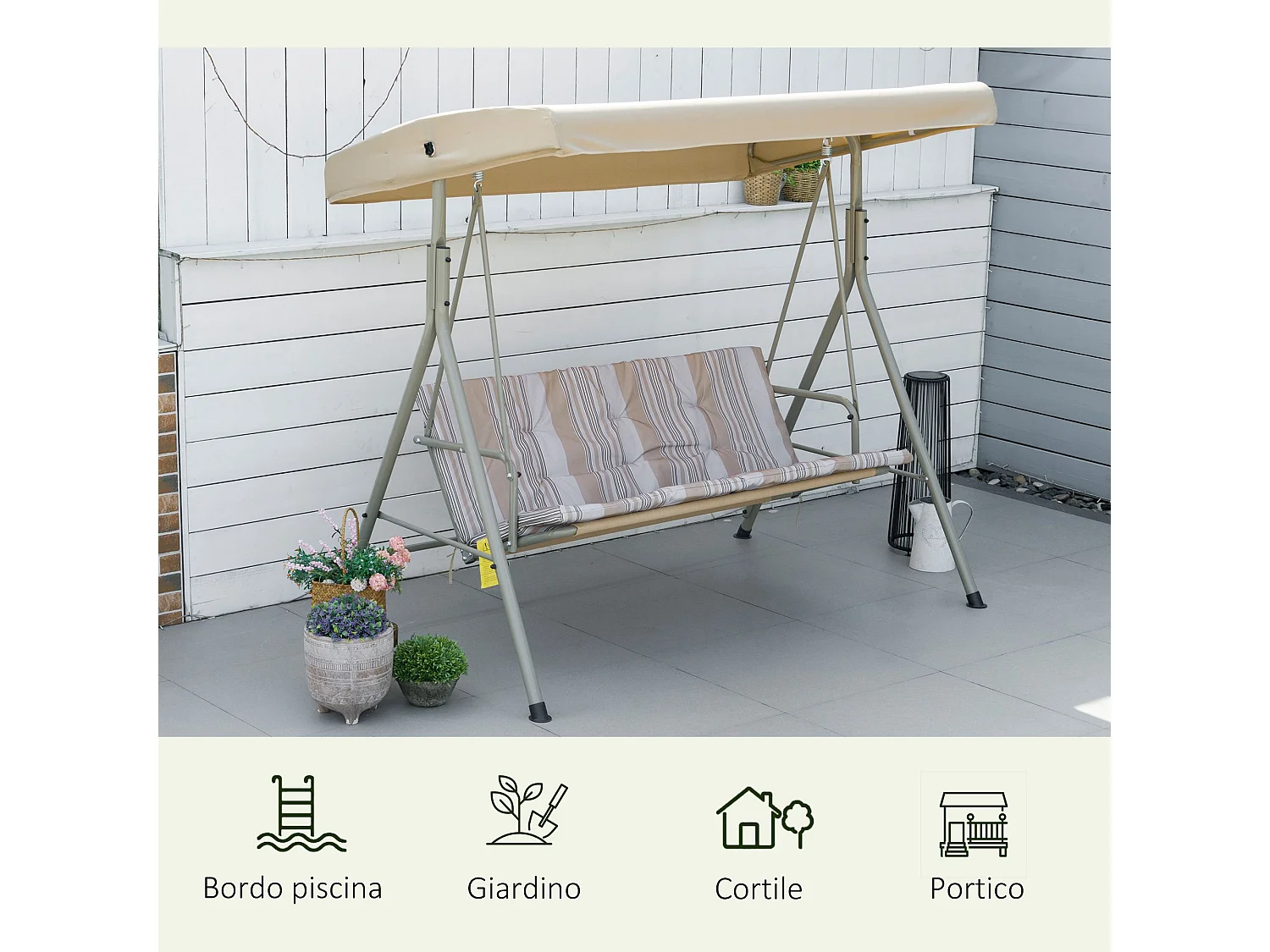 Dondolo da giardino 3 posti acciaio tetto regolabile cuscini